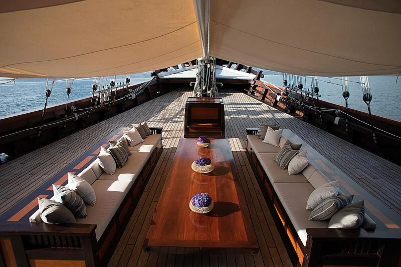 a large ship with a deck aboard DUNIA BARU Yacht for Charter