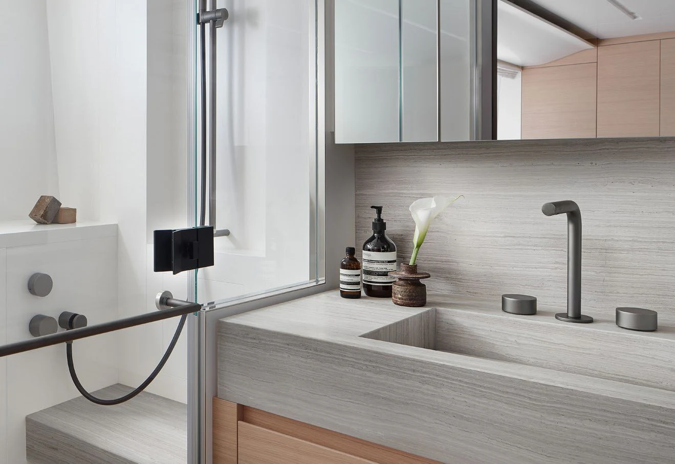 a bathroom with a glass shower aboard STRA DODO Yacht for Sale