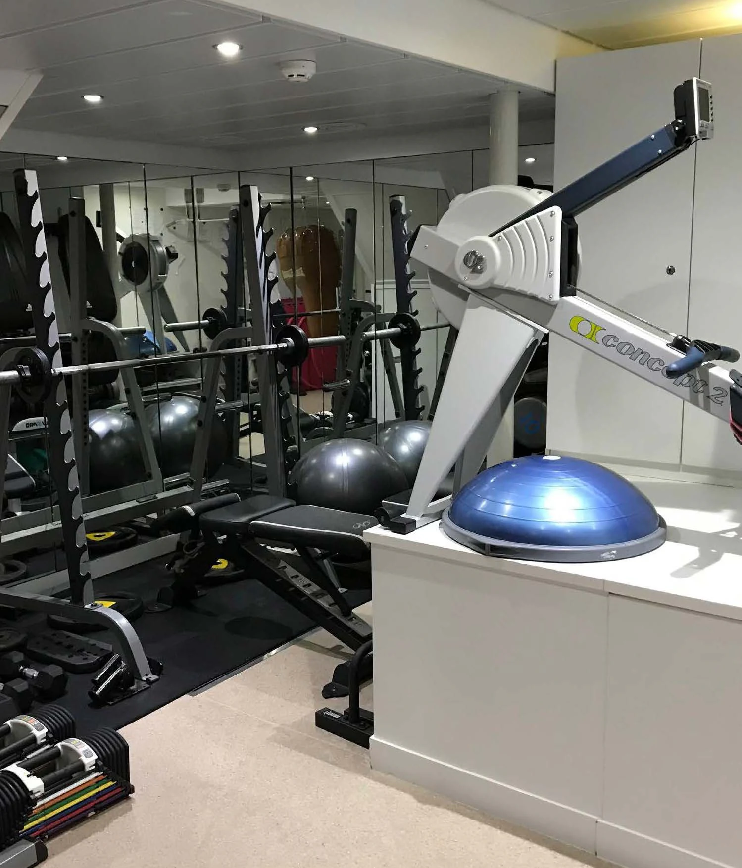a gym with exercise equipment aboard KALM Yacht for Sale