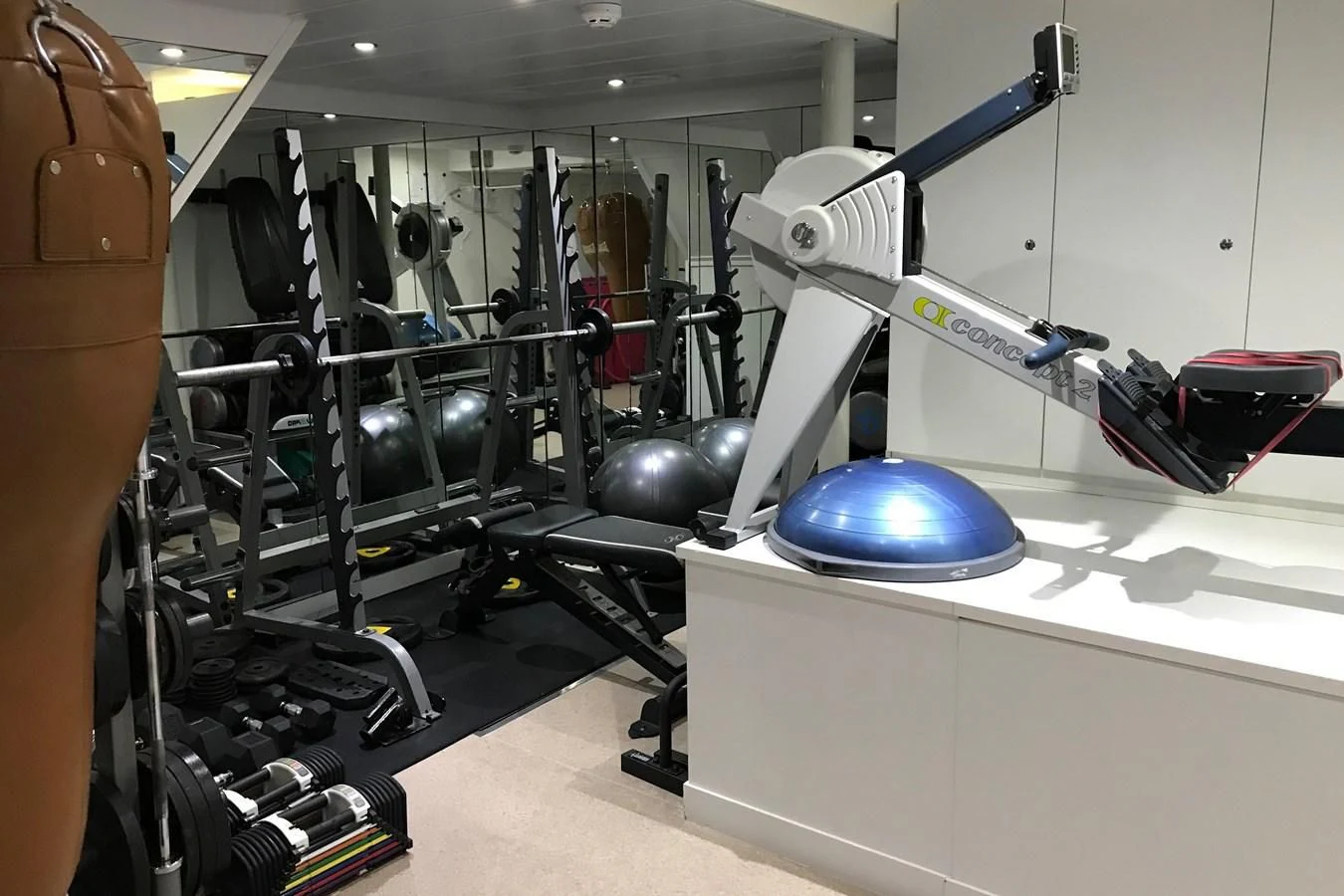 a gym with exercise equipment aboard KALM Yacht for Sale