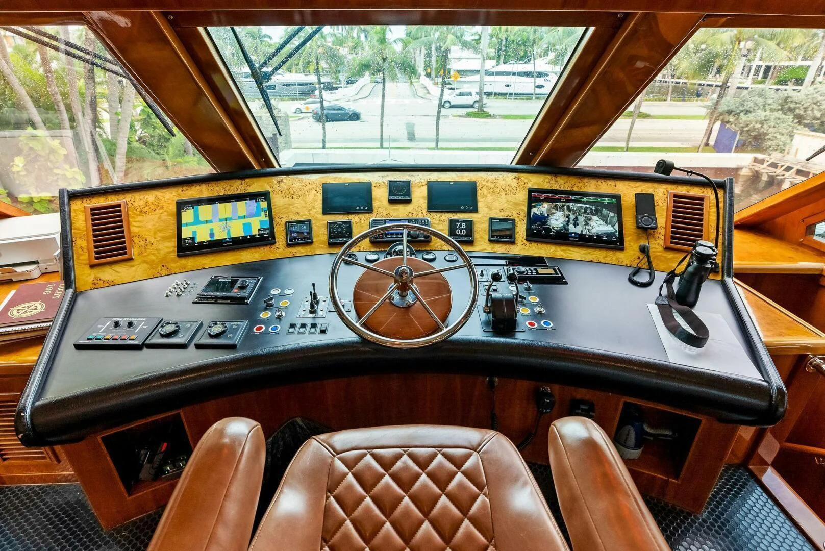 a dashboard of a vehicle aboard TORTUGA Yacht for Sale