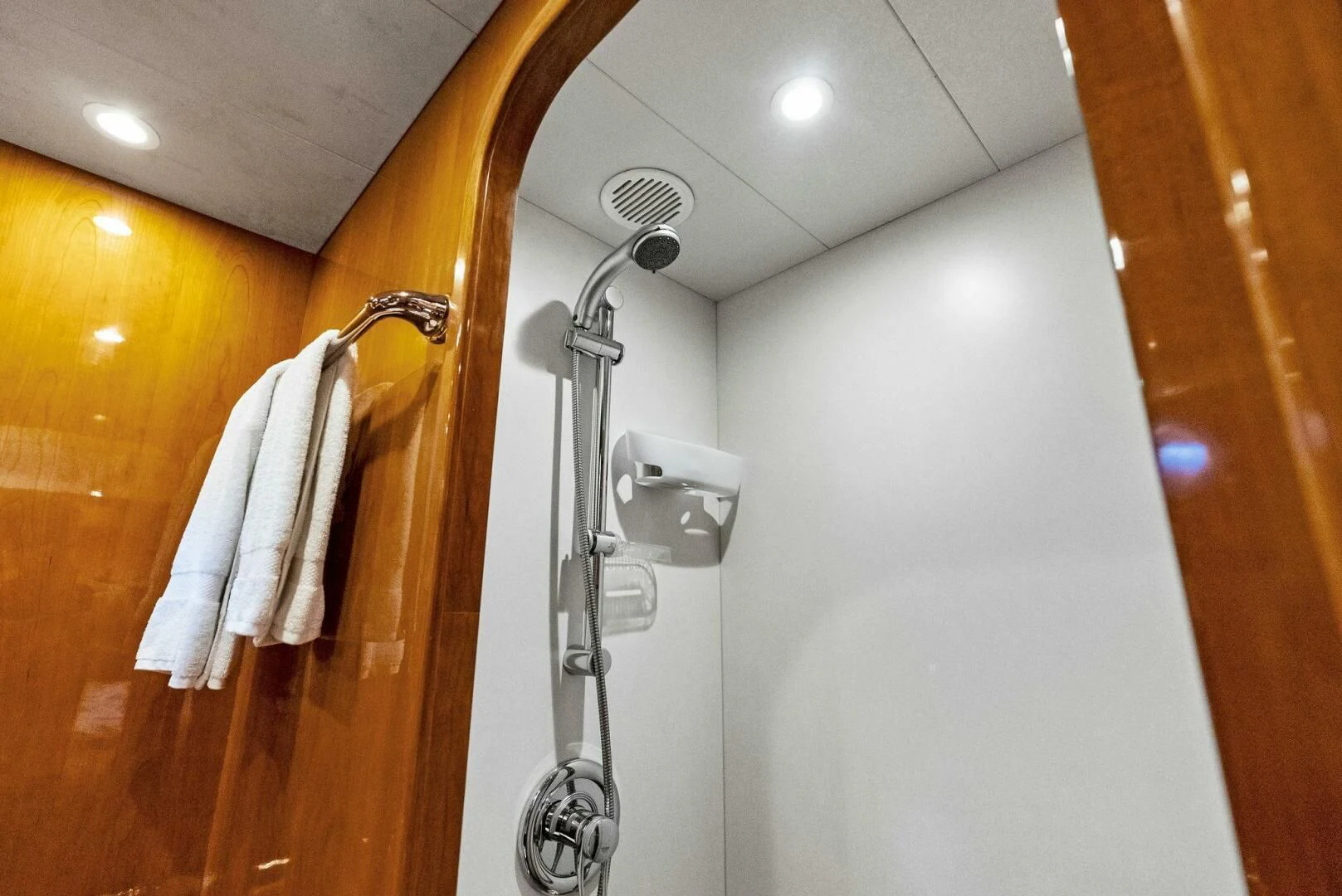 a bathroom with a shower and a sink aboard TORTUGA Yacht for Sale