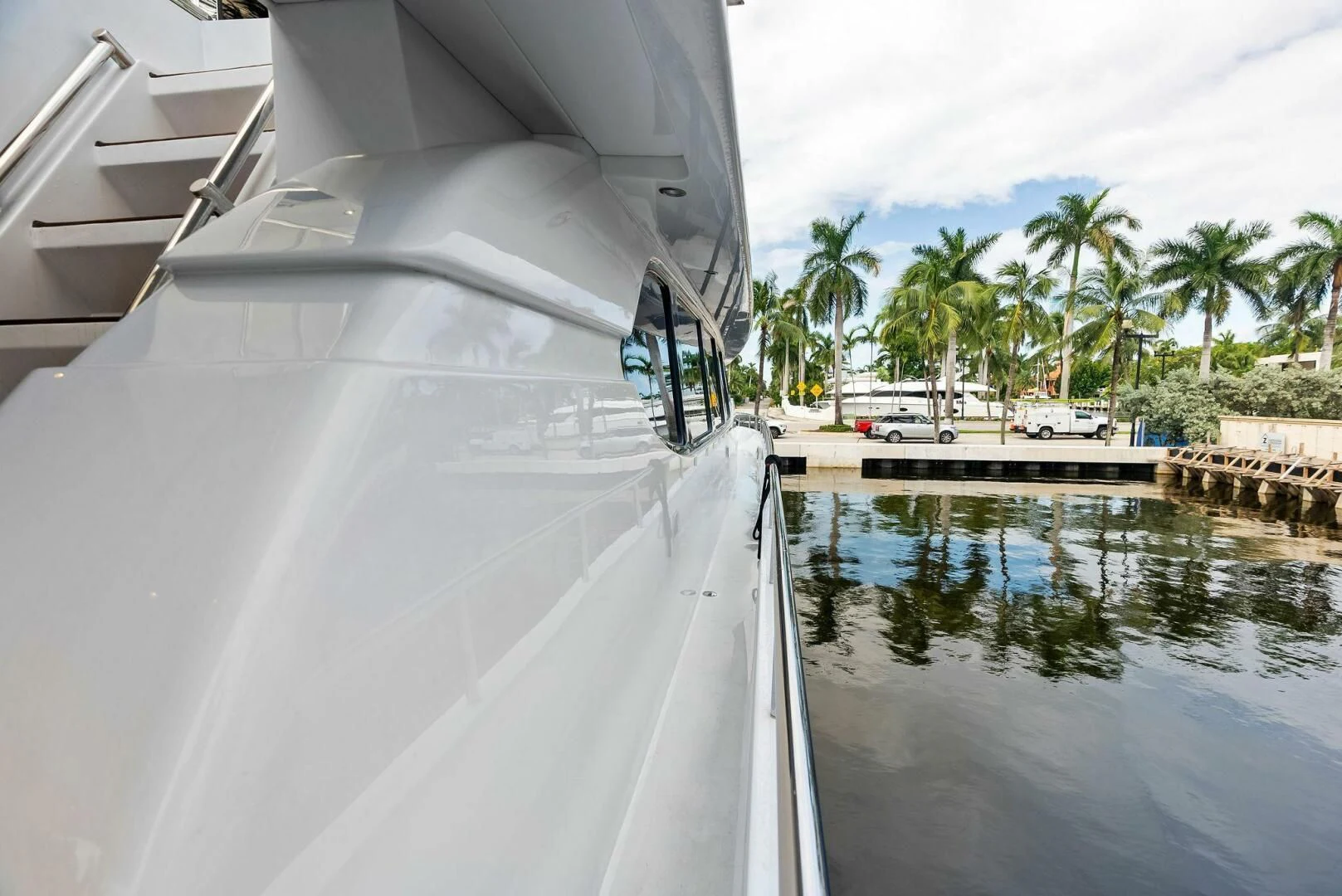a boat docked at a pier aboard TORTUGA Yacht for Sale
