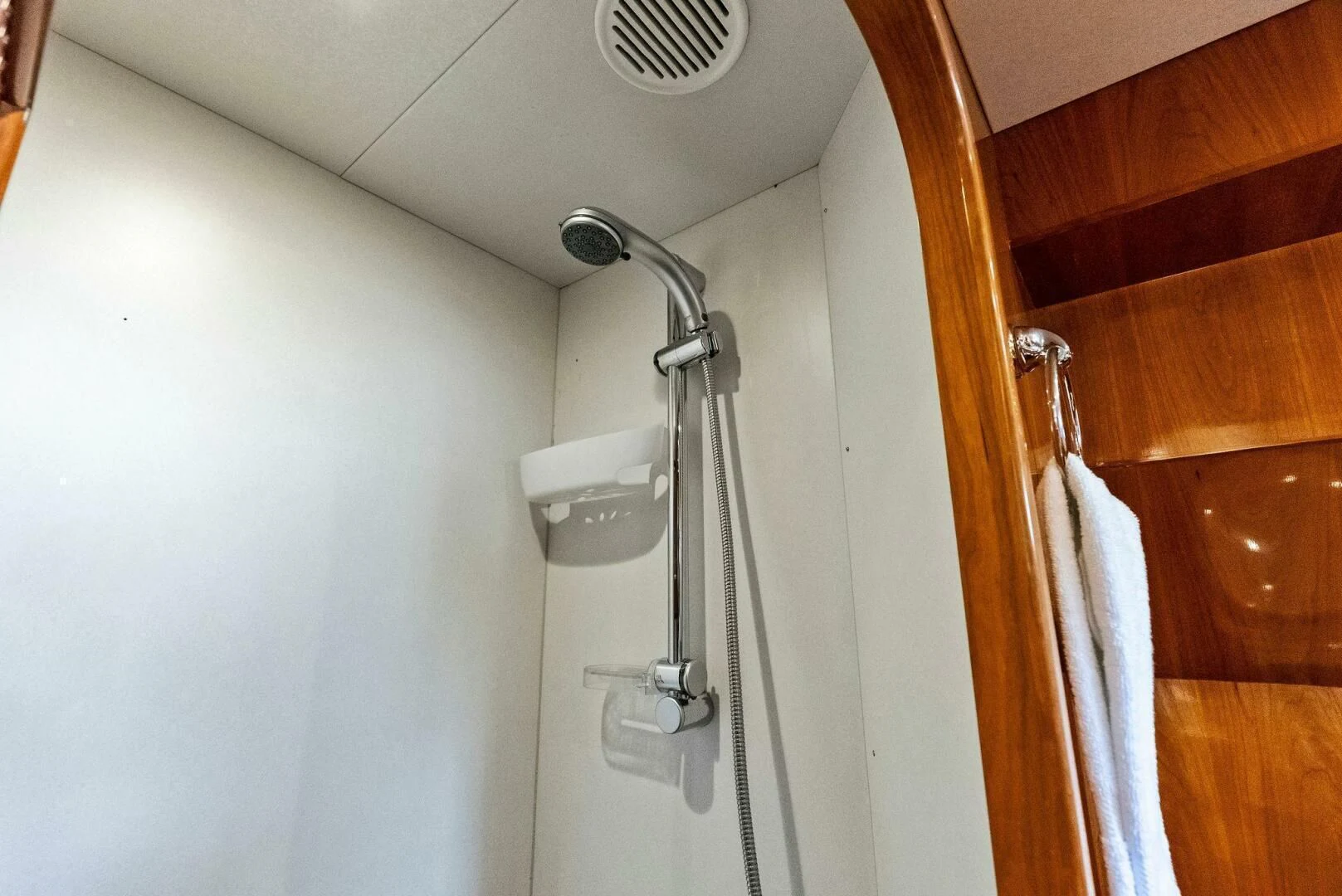 a shower with a white towel from it aboard TORTUGA Yacht for Sale