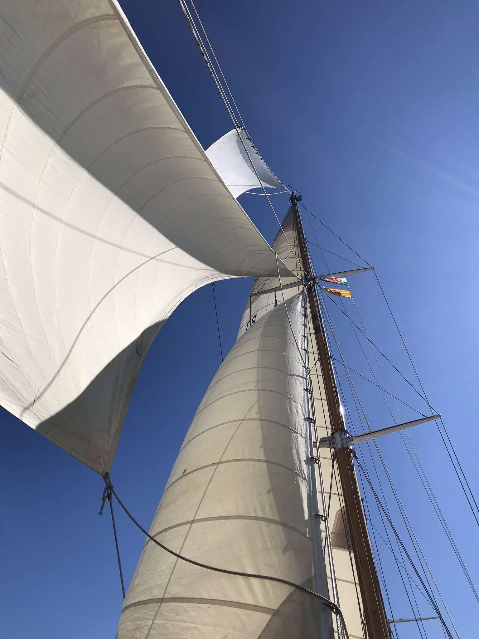 a tall white sailboat with a flag on it aboard HALCYON Yacht for Sale
