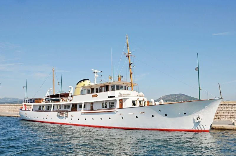 a large white boat in the water aboard ISTROS Yacht for Sale