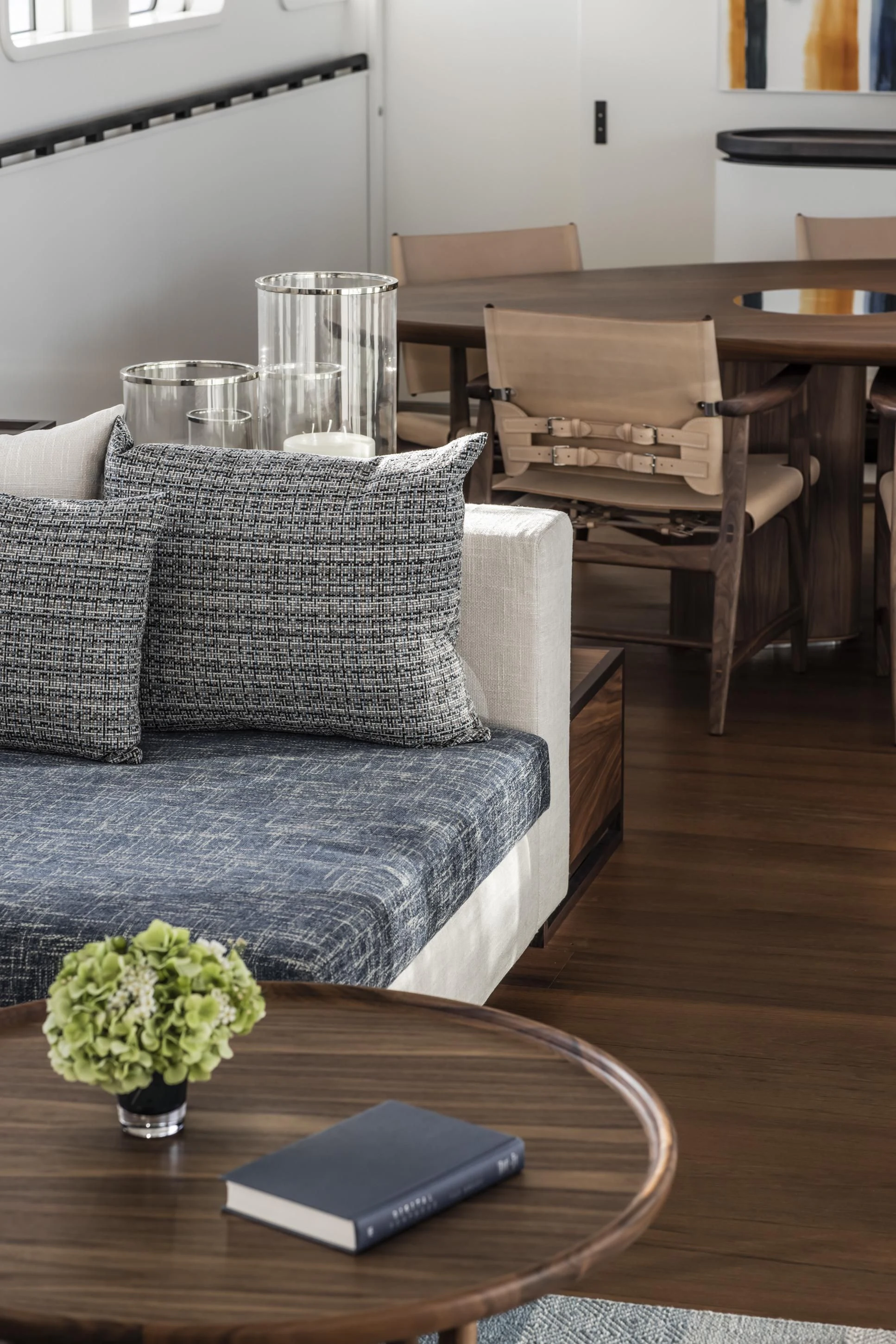 a living room with a couch and coffee table aboard ISTROS Yacht for Sale