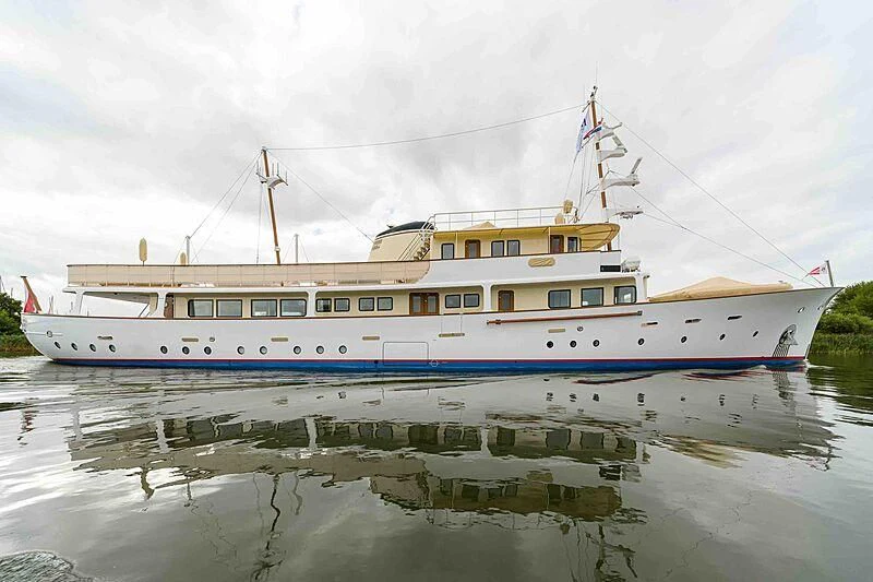 a large white boat on the water aboard ISTROS Yacht for Sale