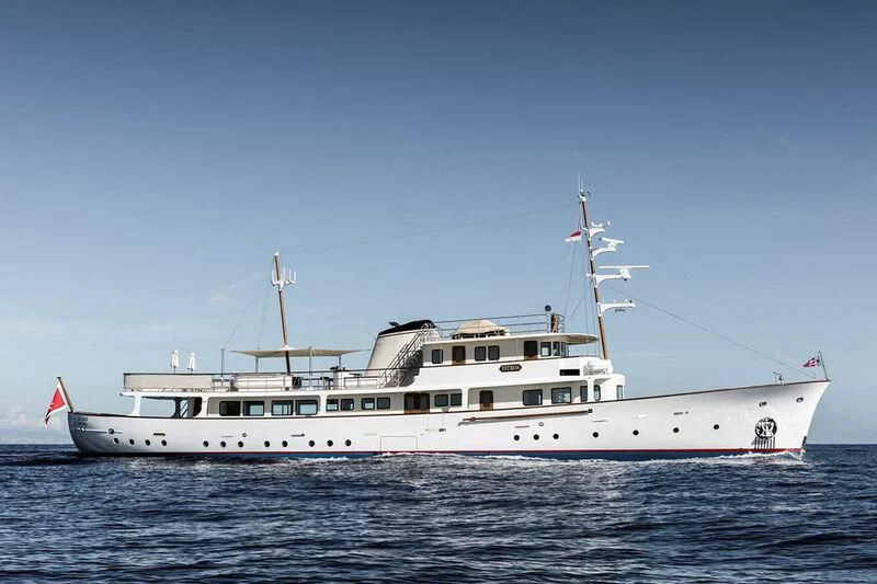 a large white boat in the water aboard ISTROS Yacht for Sale