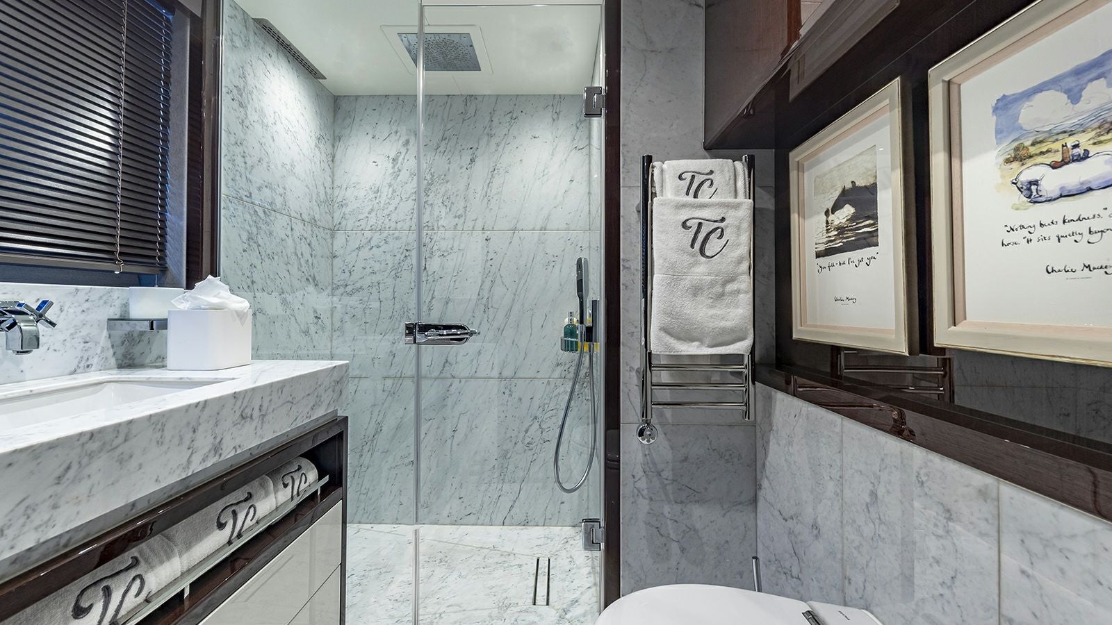 a bathroom with a shower aboard CAPTAIN MORGAN III Yacht for Sale