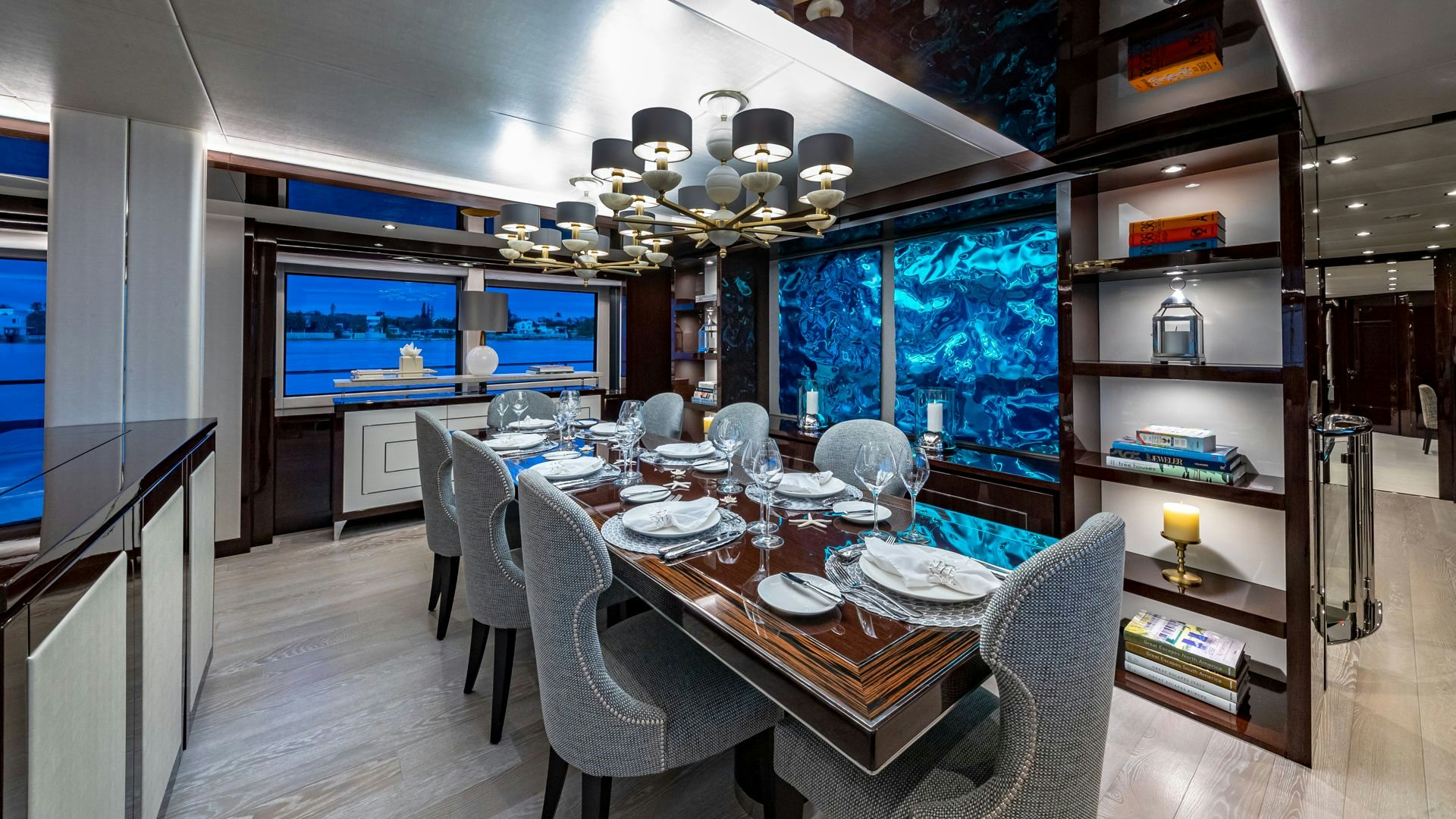 a dining room with a large table aboard CAPTAIN MORGAN III Yacht for Sale