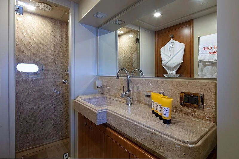 a bathroom with a large mirror aboard BEST OFF Yacht for Charter