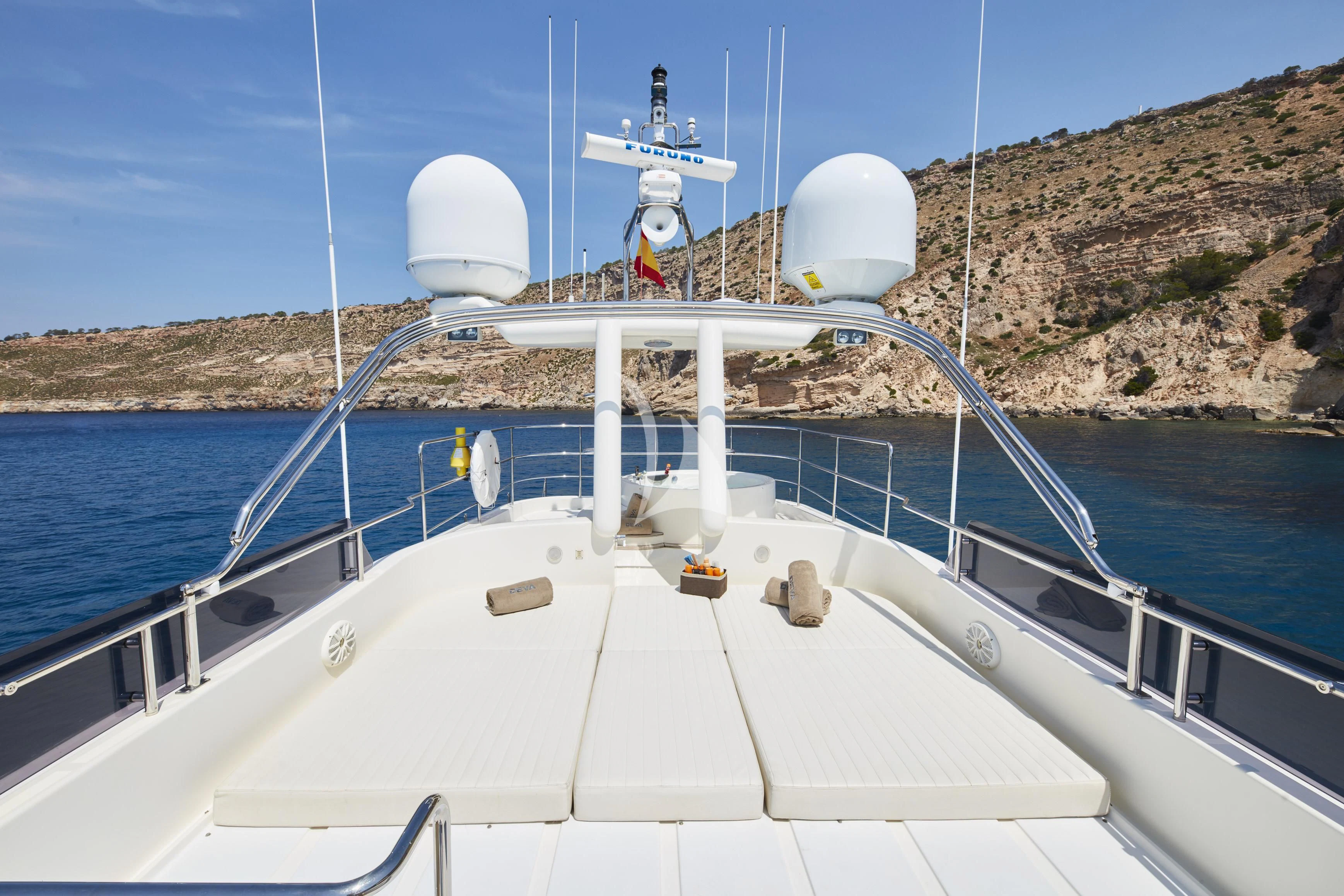 a boat with a satellite dish on it aboard BEST OFF Yacht for Charter