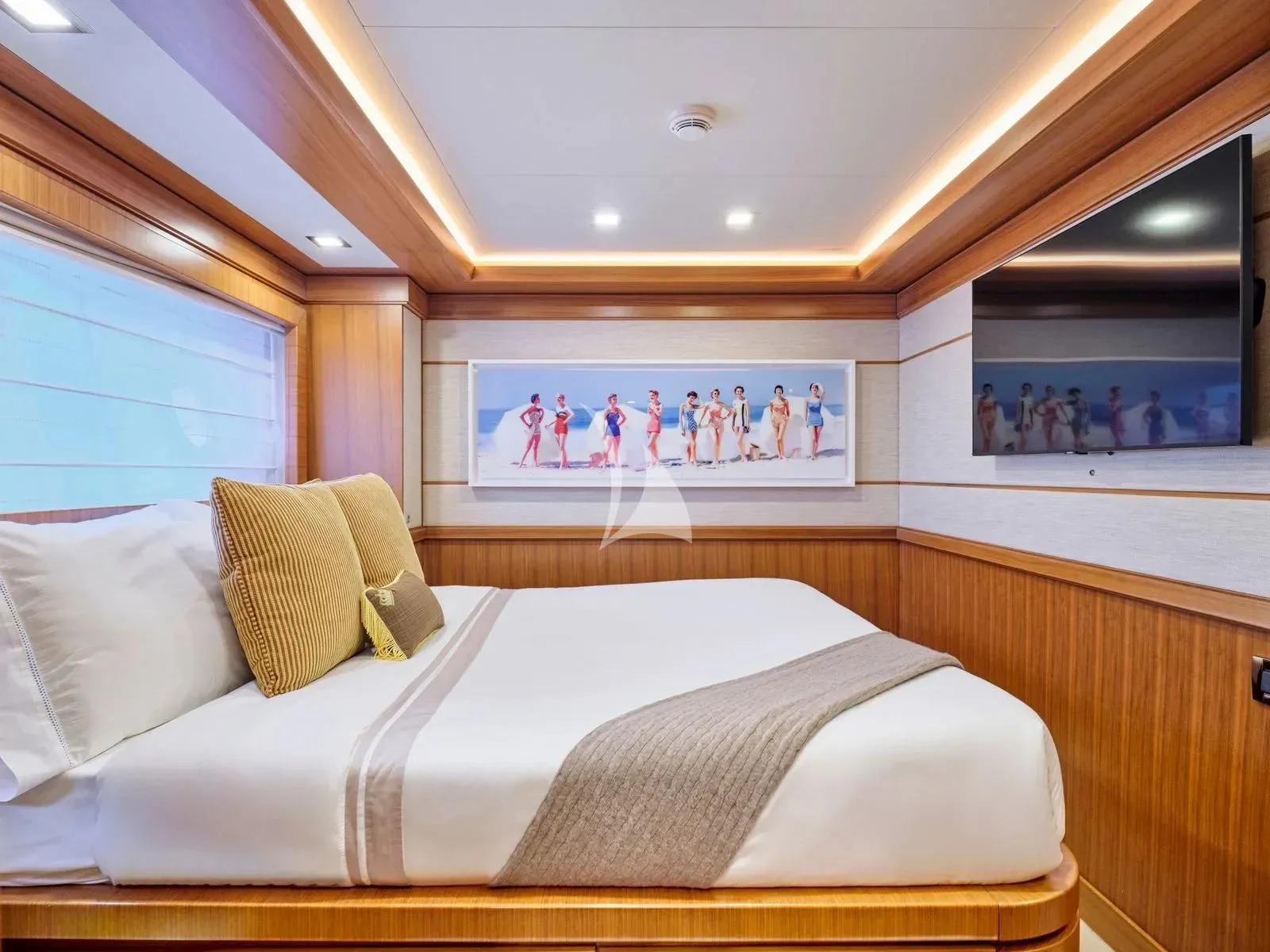 a bed with a white sheet aboard BEST OFF Yacht for Charter