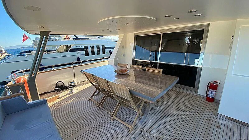 a room with a table and chairs aboard BONA DEA Yacht for Sale