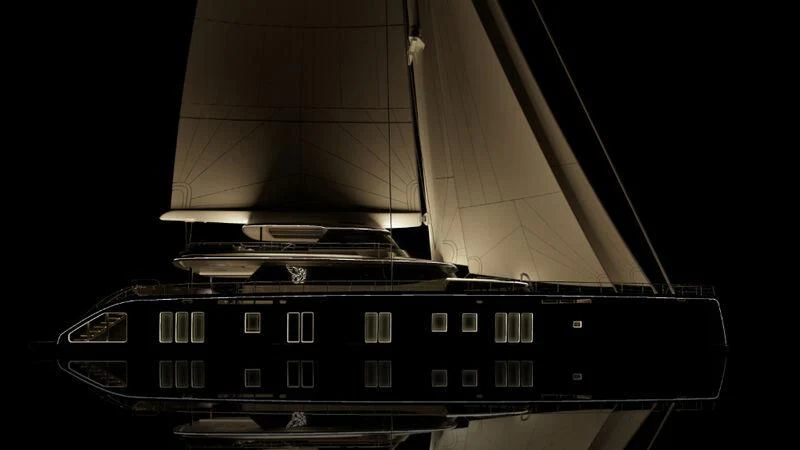 a black and white photo of a ship in a dark room aboard PROJECT GARFIELD Yacht for Sale