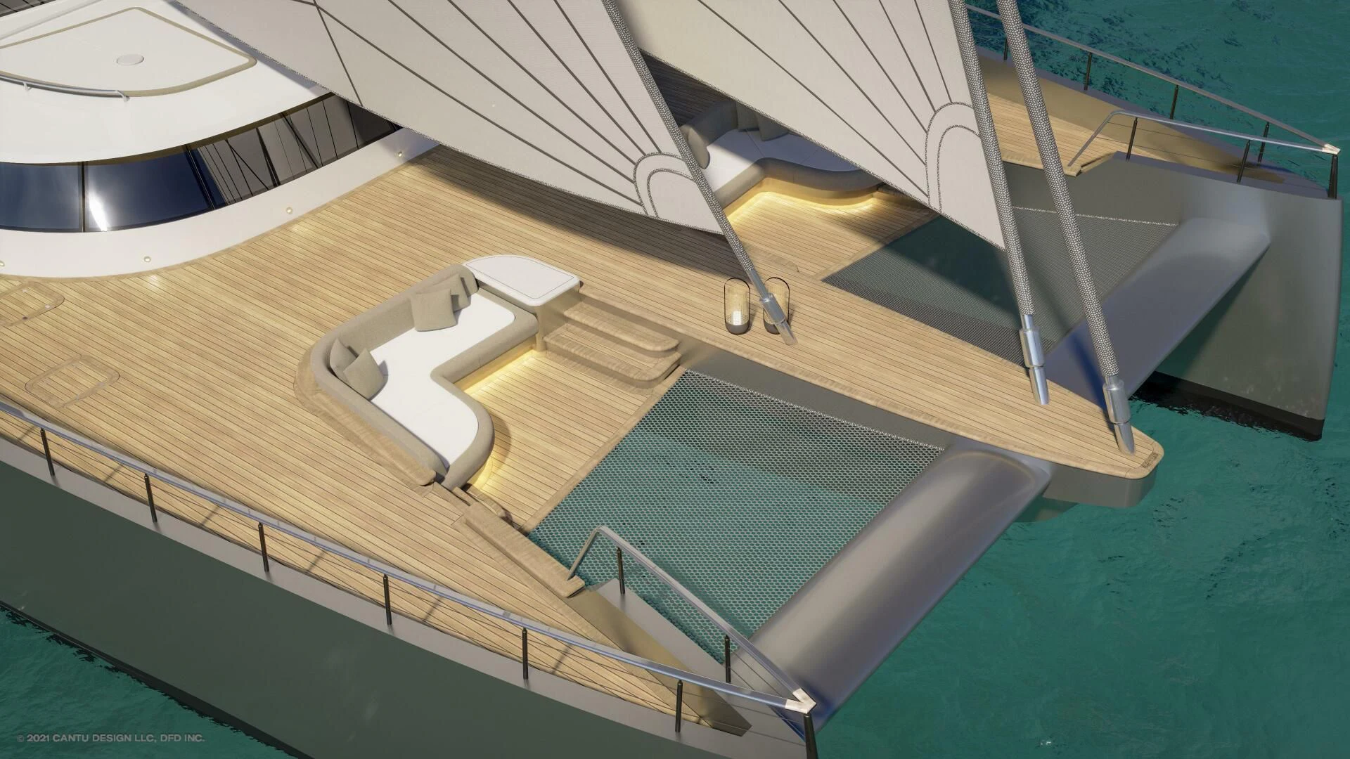 a wooden staircase with a light aboard PROJECT GARFIELD Yacht for Sale