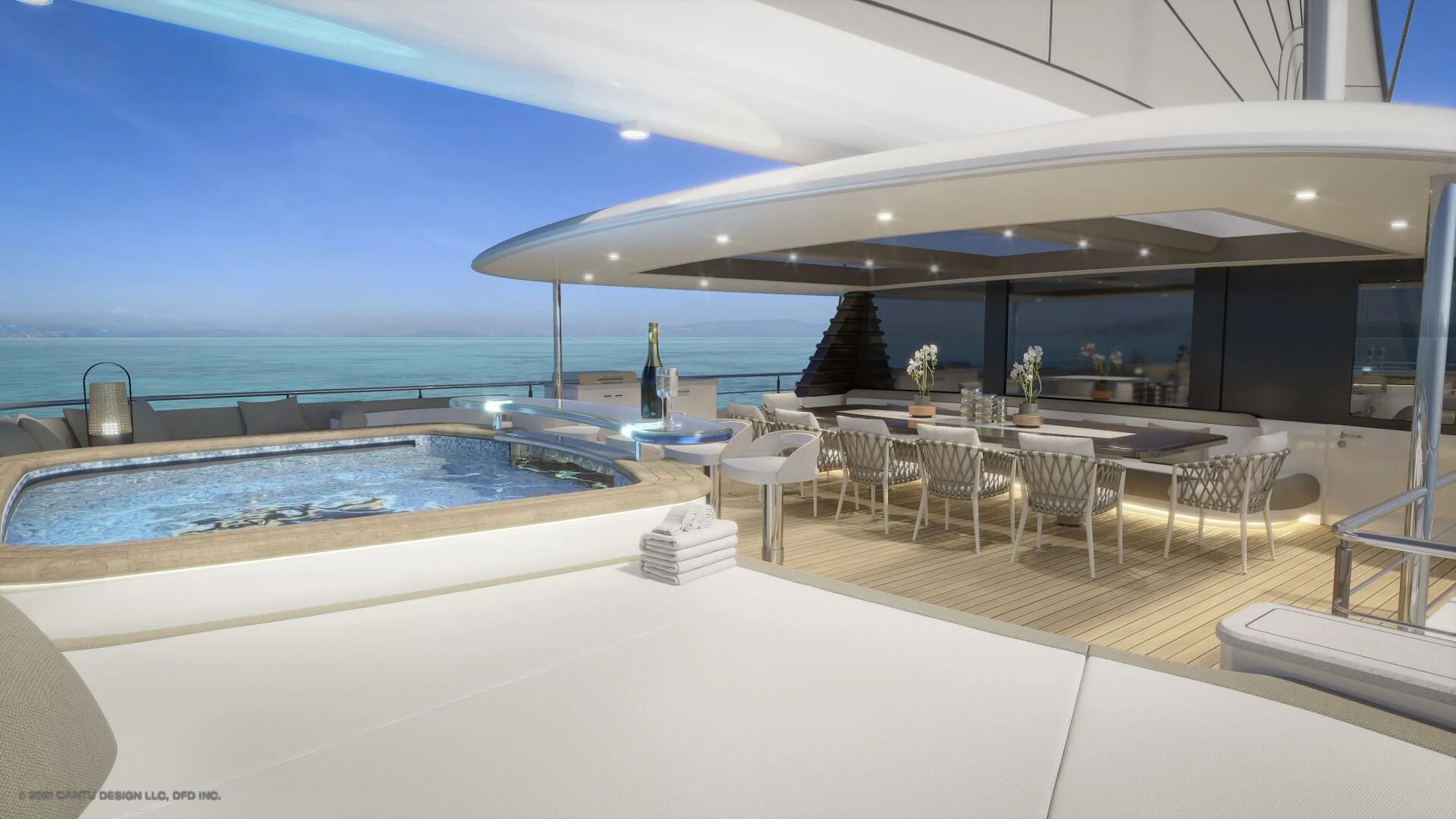 a large swimming pool next to a large patio with a large pool aboard PROJECT GARFIELD Yacht for Sale