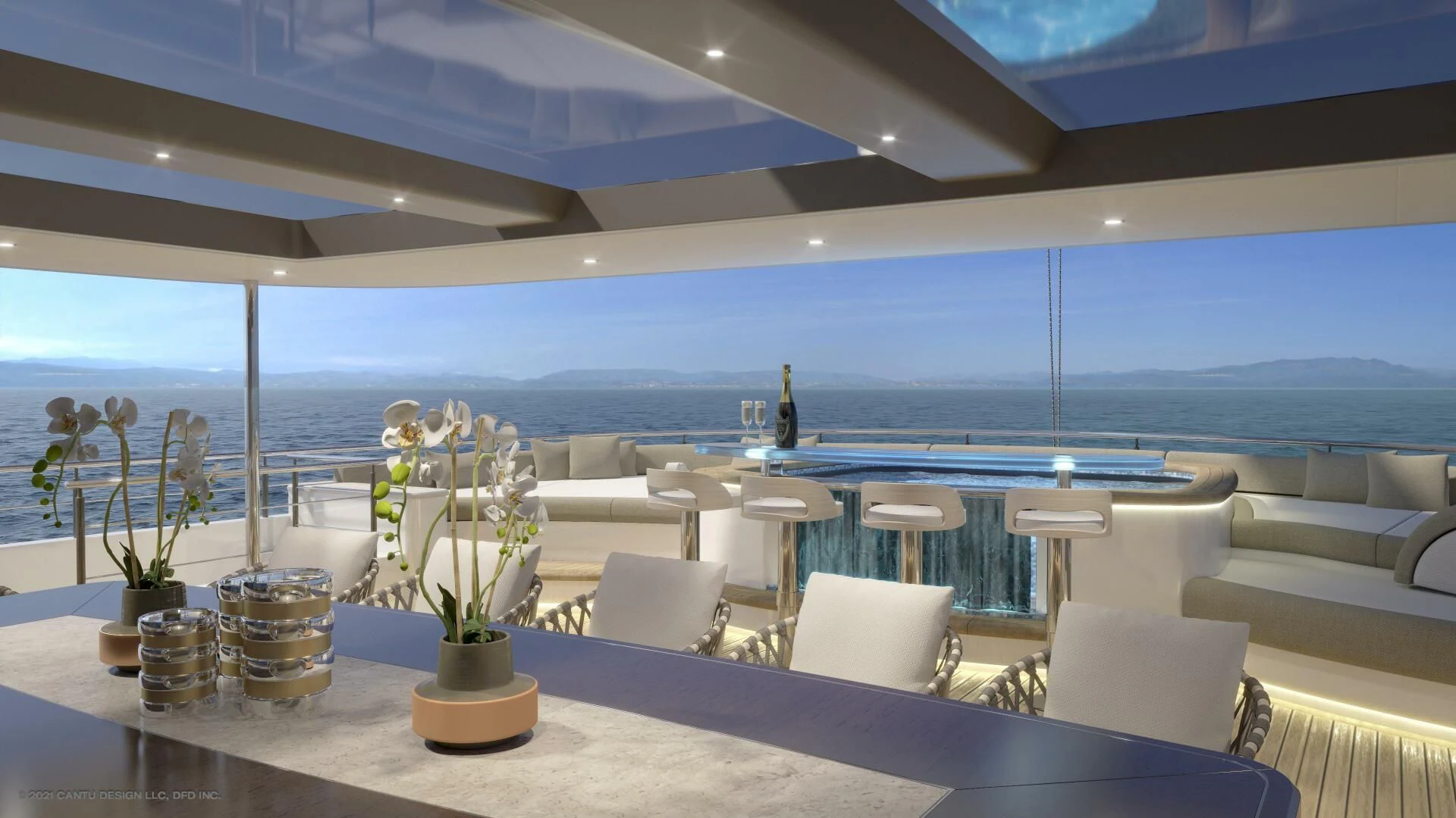 a room with a table and chairs aboard PROJECT GARFIELD Yacht for Sale