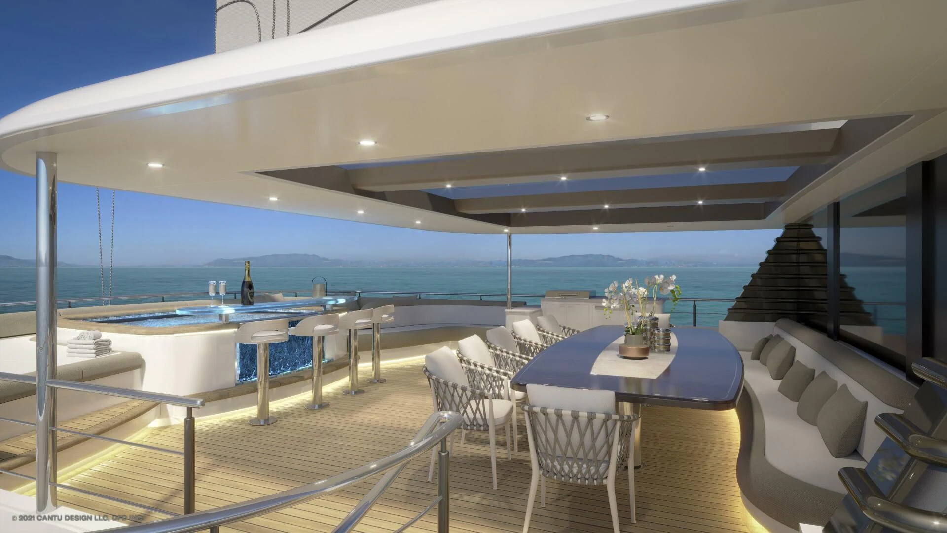 a room with a table and chairs aboard PROJECT GARFIELD Yacht for Sale