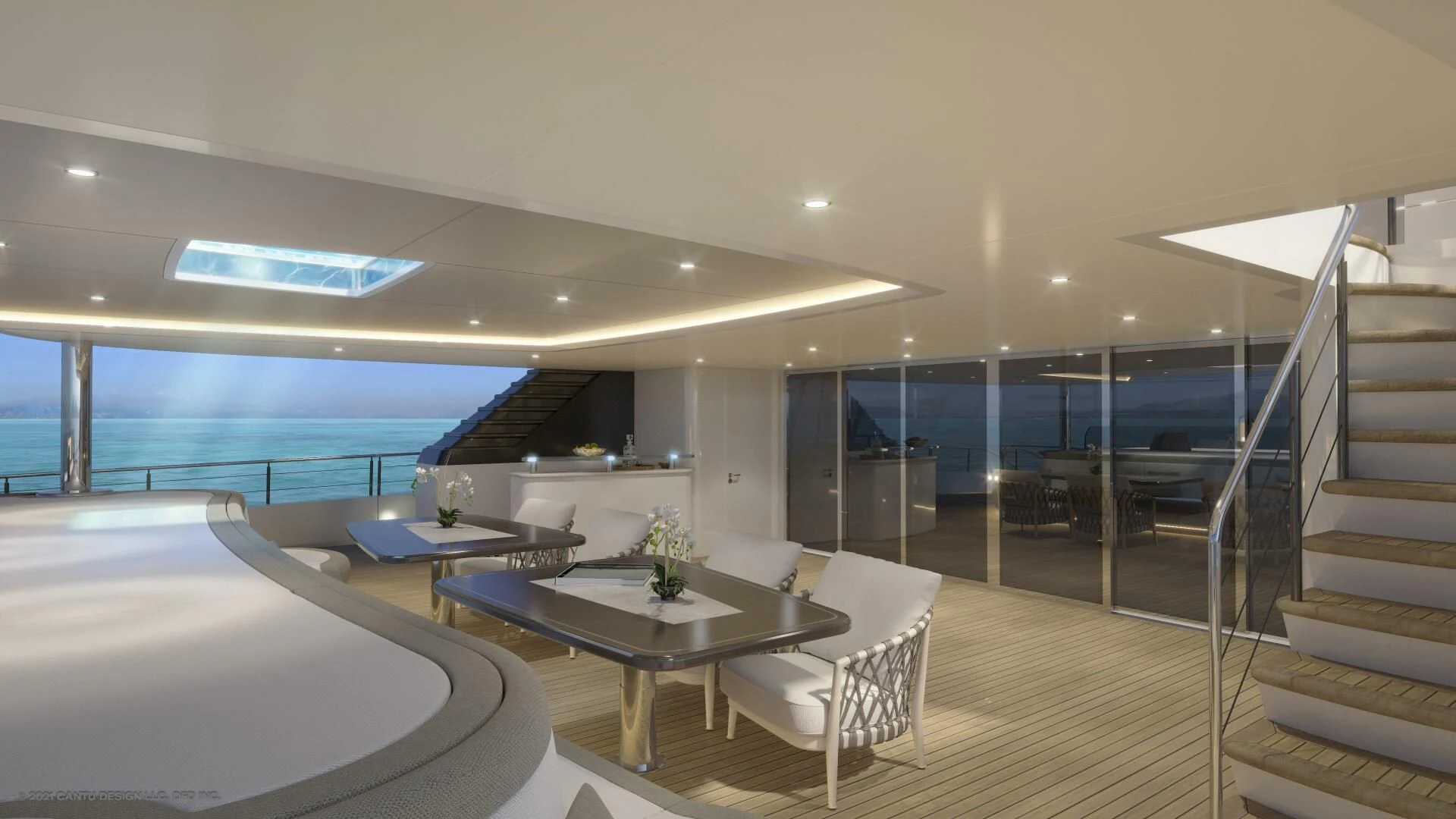 a room with a table and chairs aboard PROJECT GARFIELD Yacht for Sale