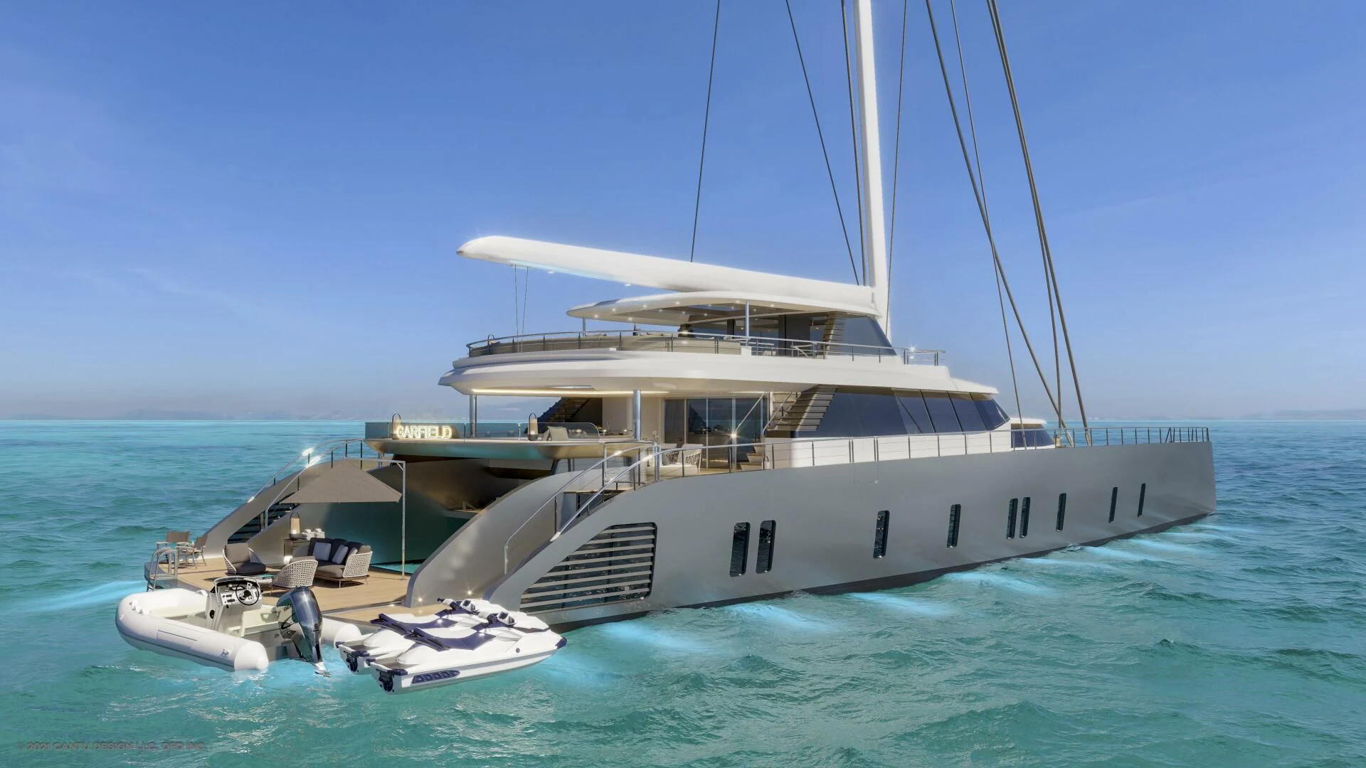 a boat on the water aboard PROJECT GARFIELD Yacht for Sale