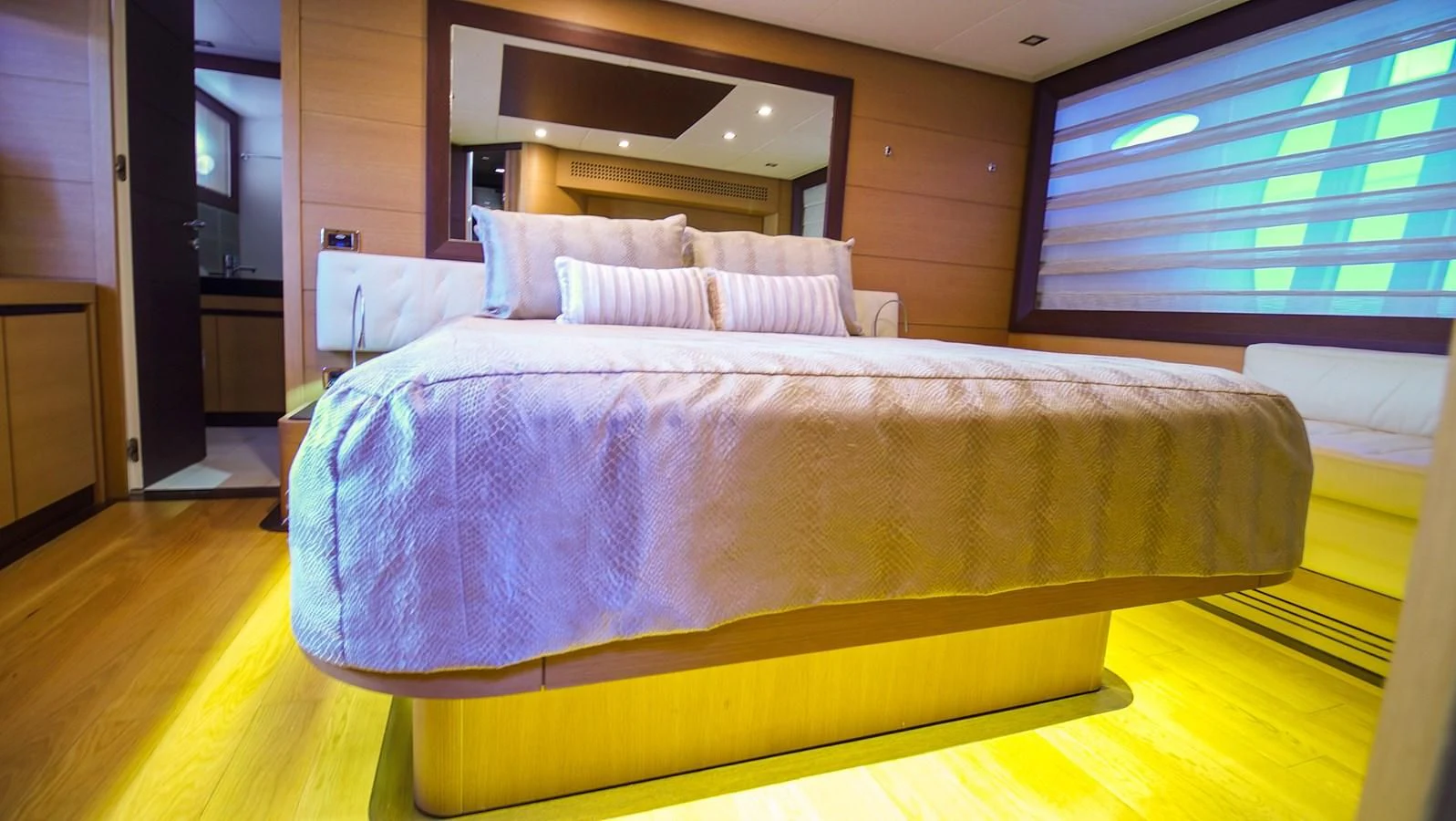 a bed in a room aboard UPTOWN GIRL Yacht for Sale