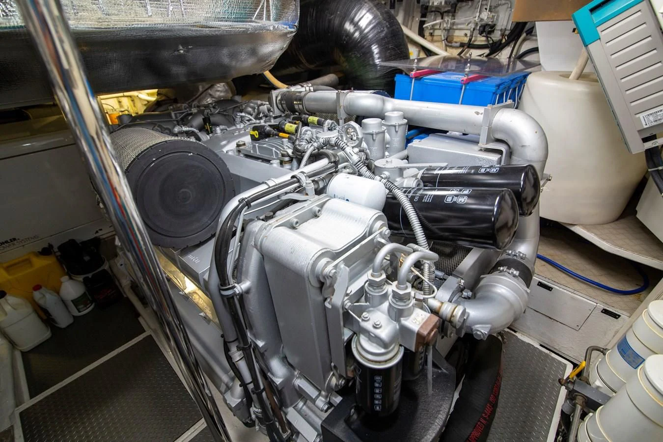 a car engine with a blue and yellow interior aboard UPTOWN GIRL Yacht for Sale