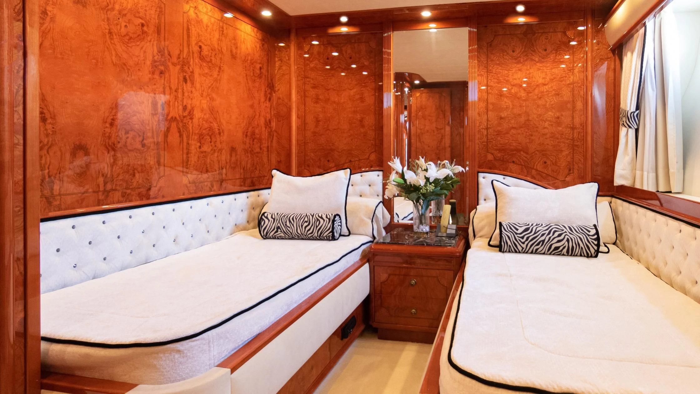 a room with two beds aboard LADY R Yacht for Sale