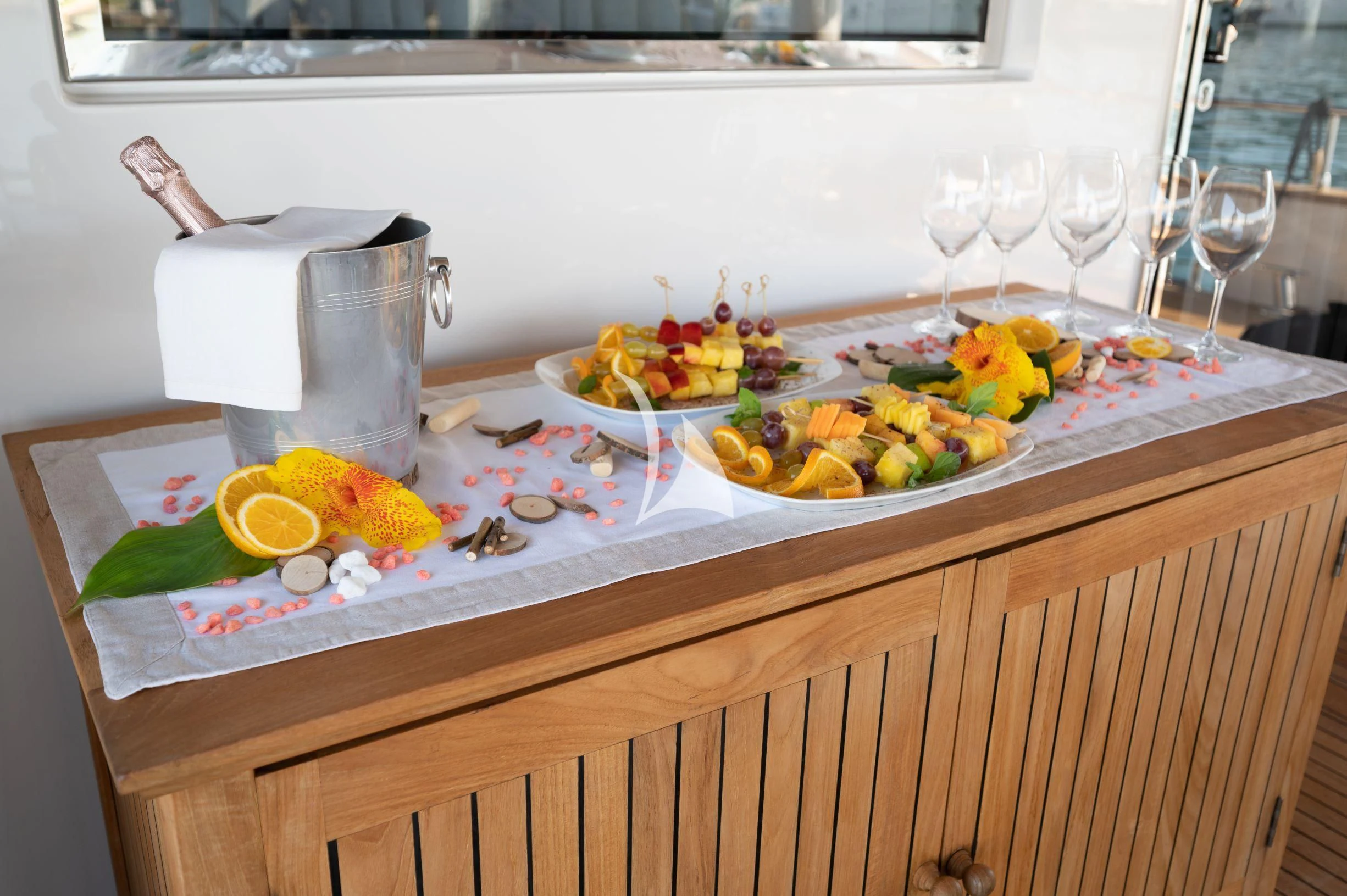 a kitchen counter with food on it aboard TANANAI Yacht for Sale