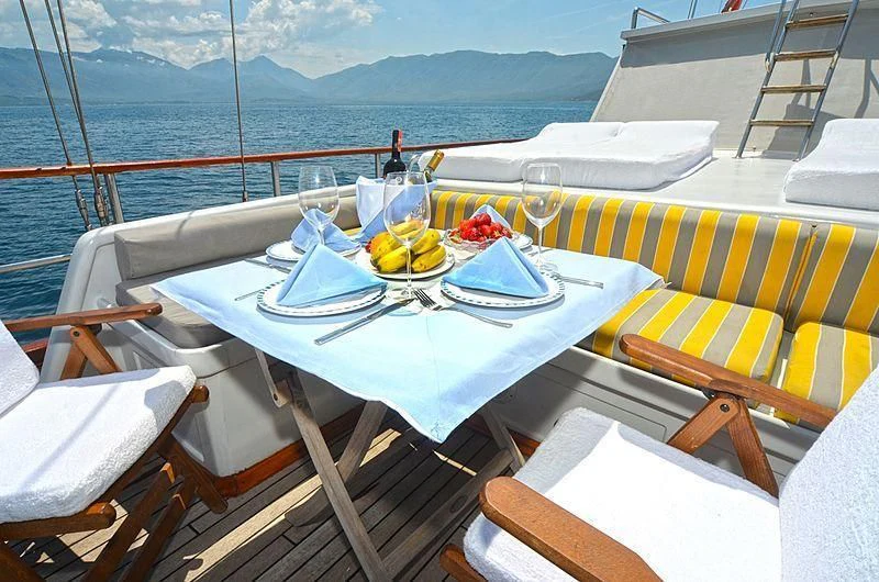 a table with plates and glasses on it aboard WHITE SWAN Yacht for Sale