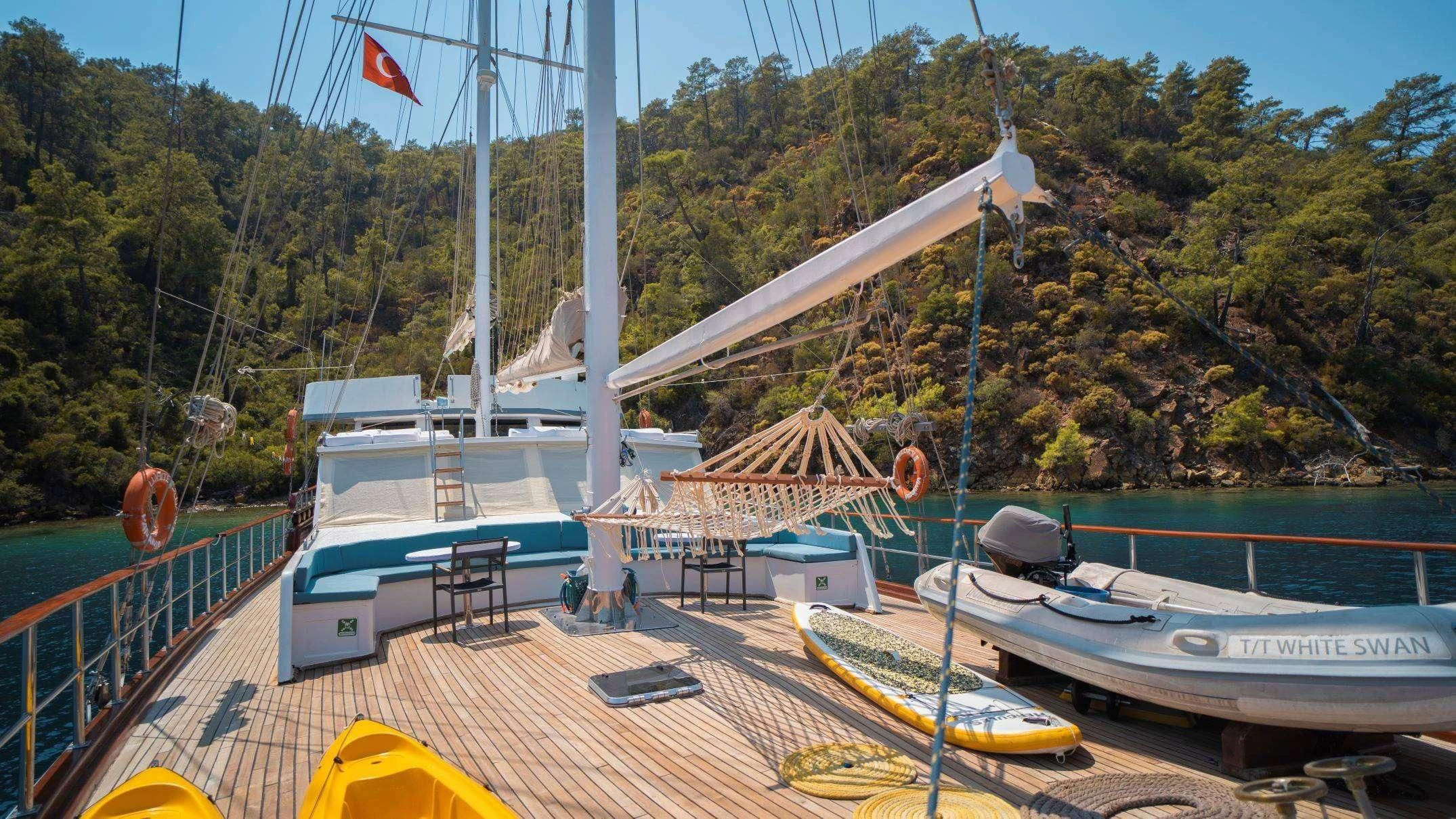 a boat on a dock aboard WHITE SWAN Yacht for Sale