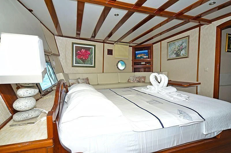 a bedroom with a bed and a desk aboard WHITE SWAN Yacht for Sale