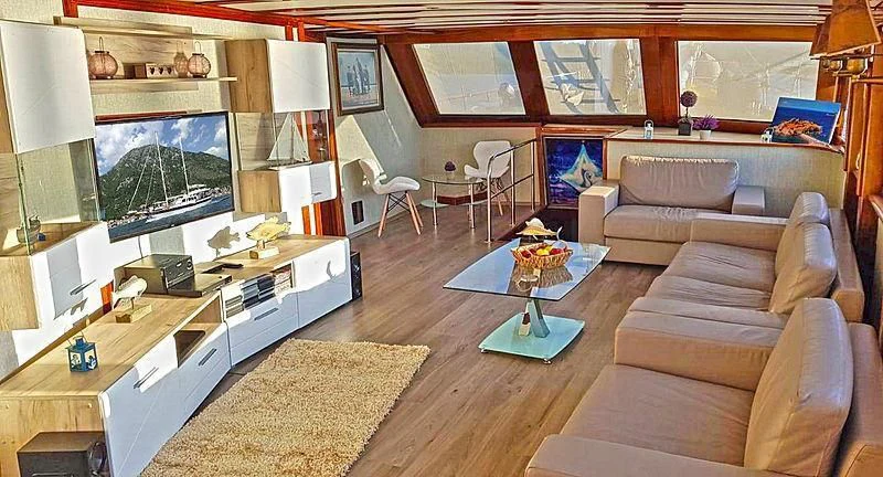 a living room with a large screen aboard WHITE SWAN Yacht for Sale
