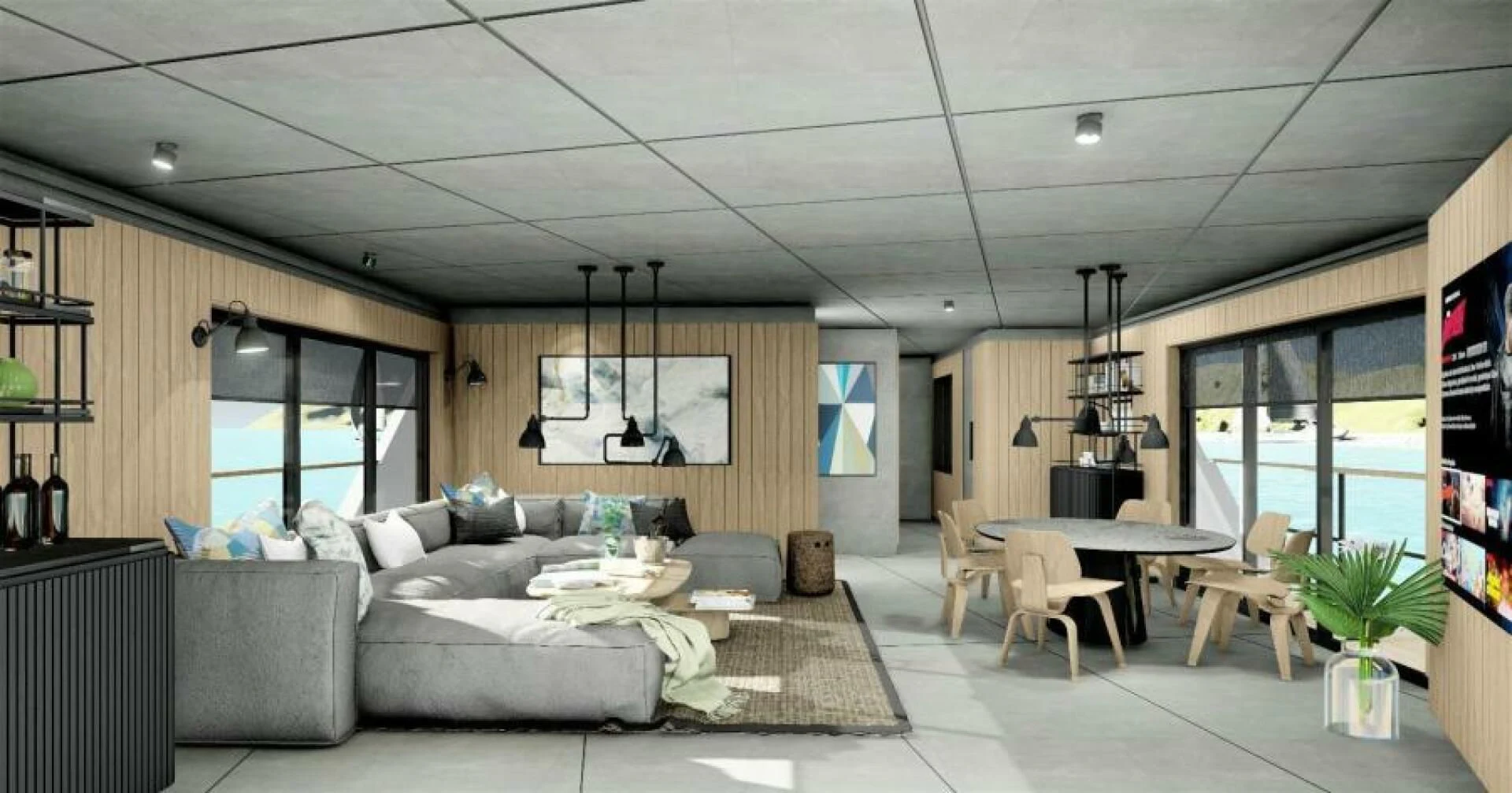 a living room with a couch and a table aboard NUMARINE 22XP/07 Yacht for Sale