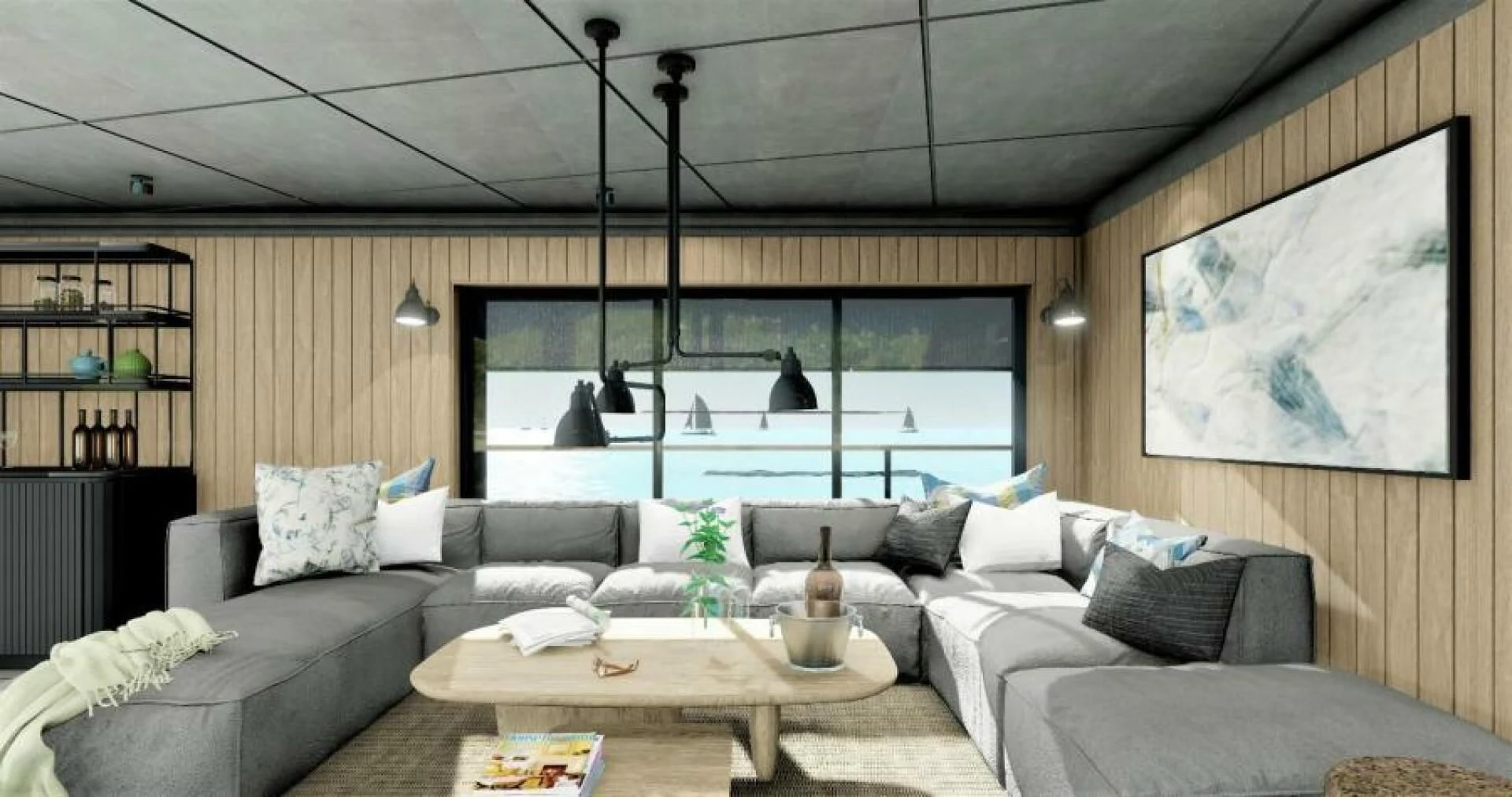 a living room with a large window aboard NUMARINE 22XP/07 Yacht for Sale