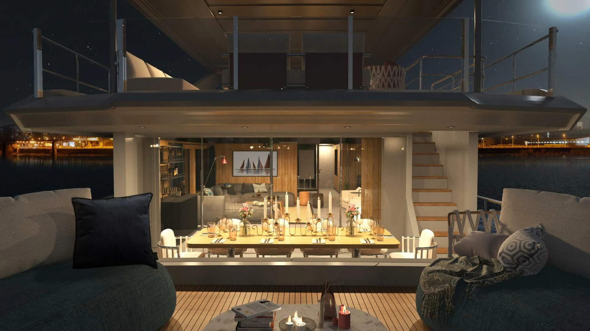 a room with a view of the water and a boat aboard NUMARINE 22XP/07 Yacht for Sale