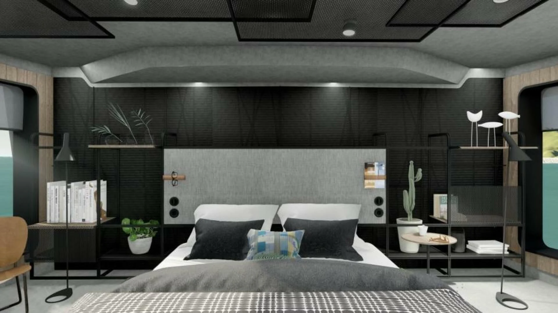 a modern bedroom with a large bed aboard NUMARINE 22XP/07 Yacht for Sale