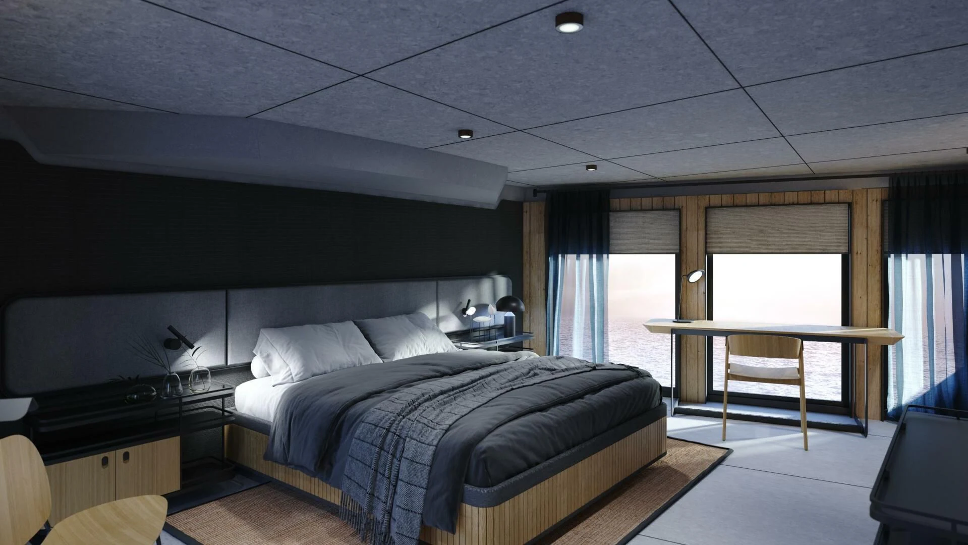 a bedroom with a bed and a table aboard NUMARINE 22XP/07 Yacht for Sale