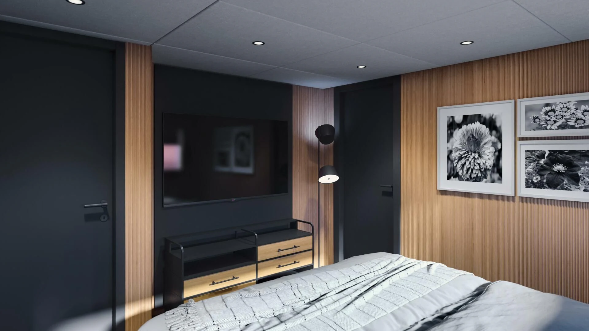 a bedroom with a bed and a television aboard NUMARINE 22XP/07 Yacht for Sale