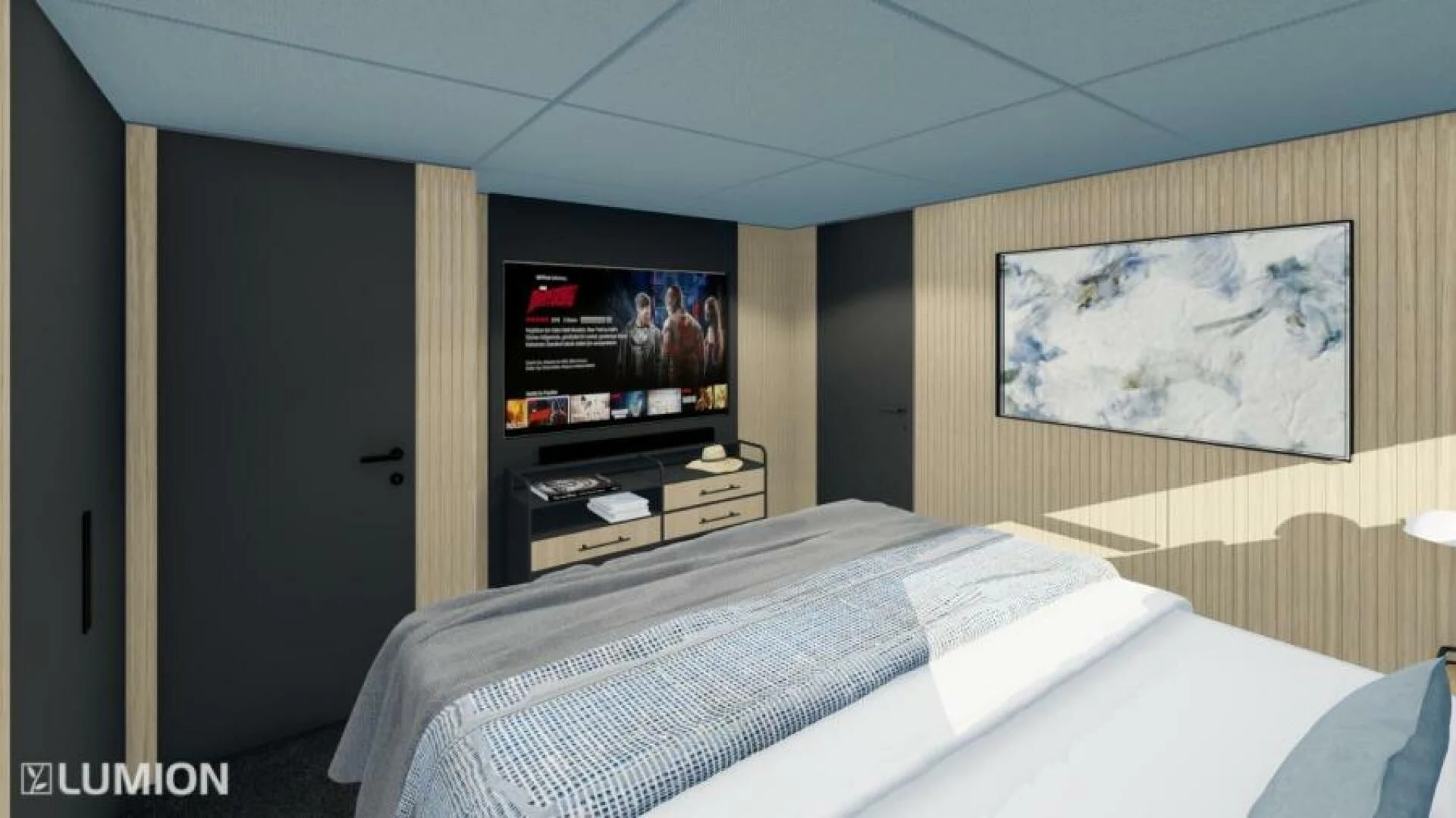 a bedroom with a bed and a tv aboard NUMARINE 22XP/07 Yacht for Sale