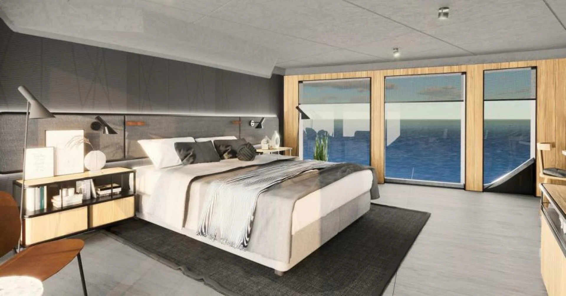 a large bedroom with a large bed aboard NUMARINE 22XP/07 Yacht for Sale