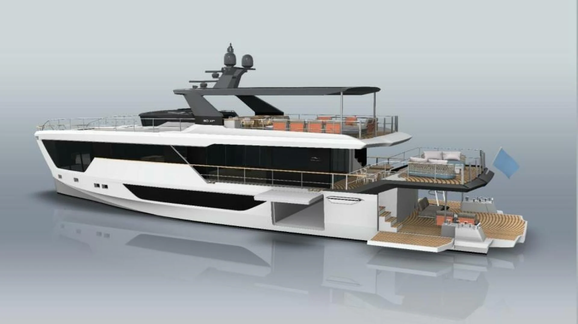a white boat with a black and white design on it aboard NUMARINE 22XP/07 Yacht for Sale