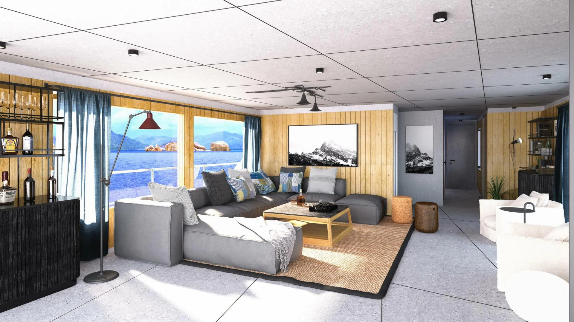 a living room with a large screen aboard NUMARINE 22XP/07 Yacht for Sale