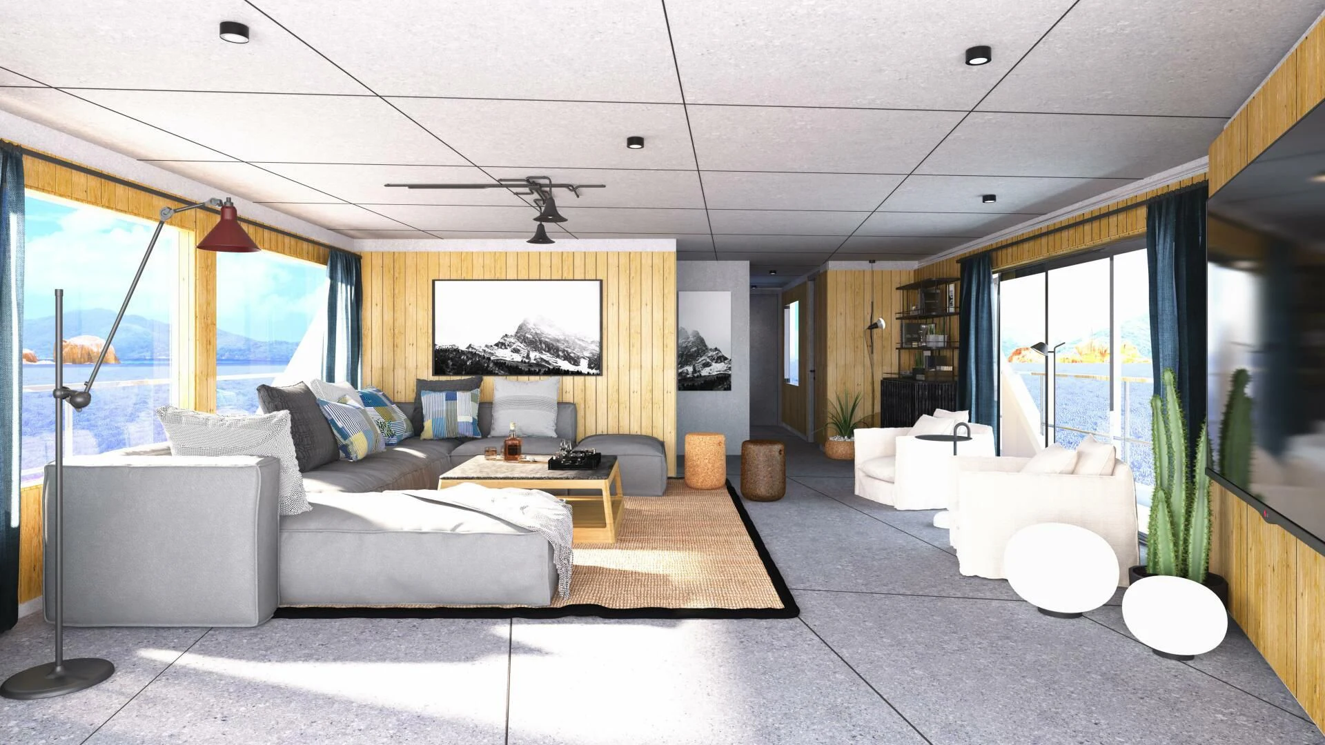 a large living room with a large window aboard NUMARINE 22XP/07 Yacht for Sale