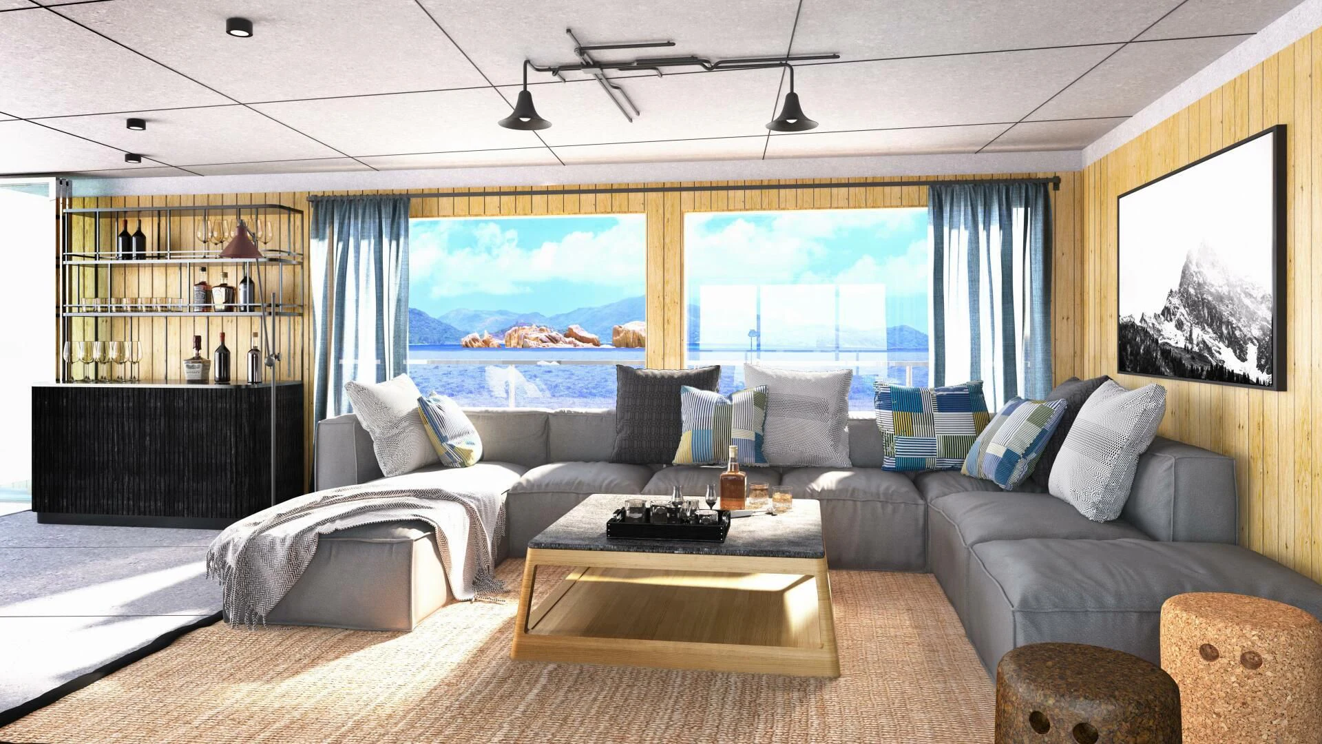 a living room with a large window aboard NUMARINE 22XP/07 Yacht for Sale