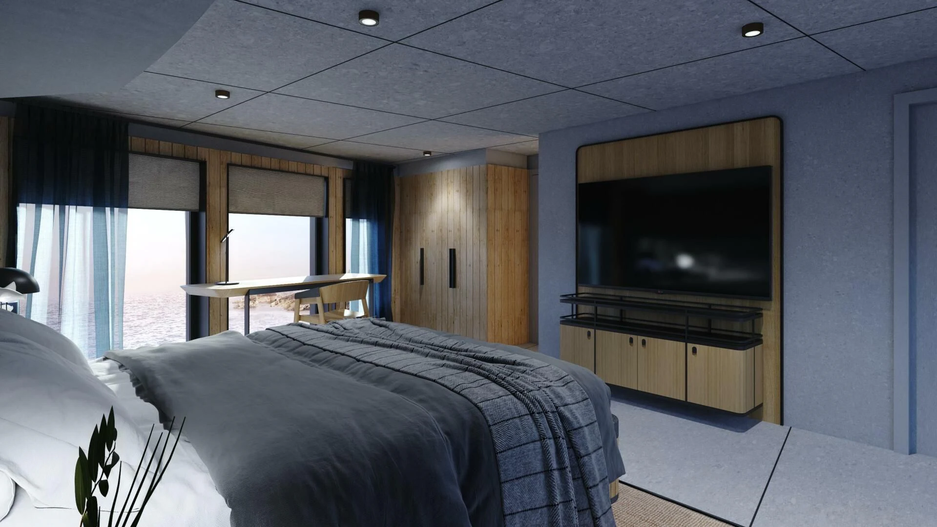 a bedroom with a tv and a bed aboard NUMARINE 22XP/07 Yacht for Sale