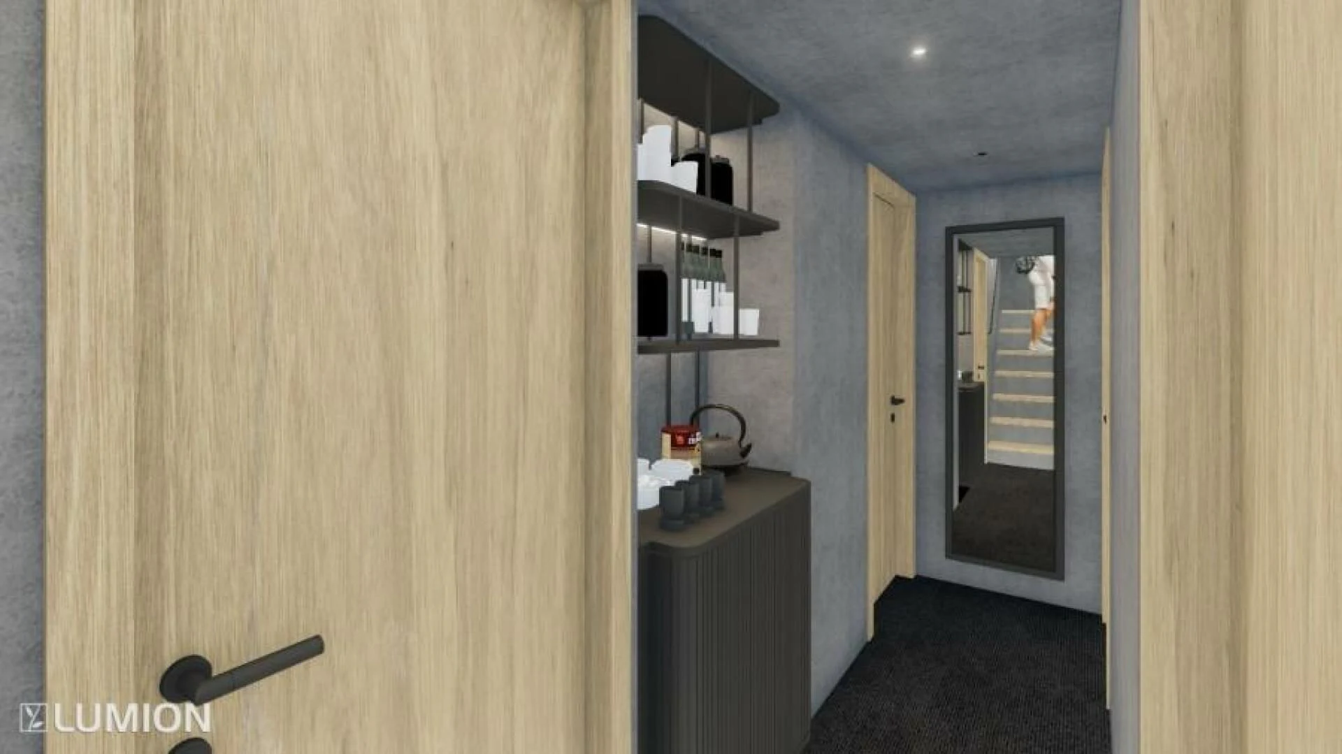 a room with a door and a shelf with objects on it aboard NUMARINE 22XP/07 Yacht for Sale