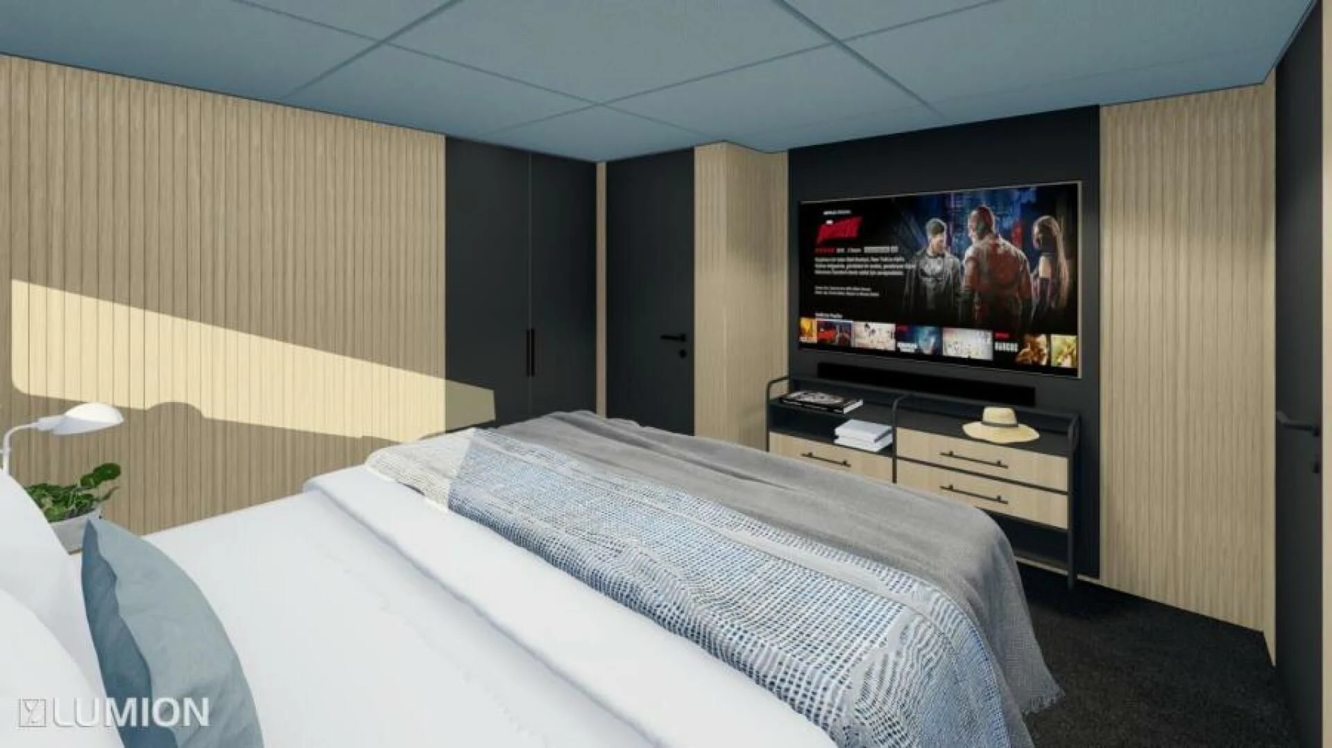a hotel room with a tv and bed aboard NUMARINE 22XP/07 Yacht for Sale