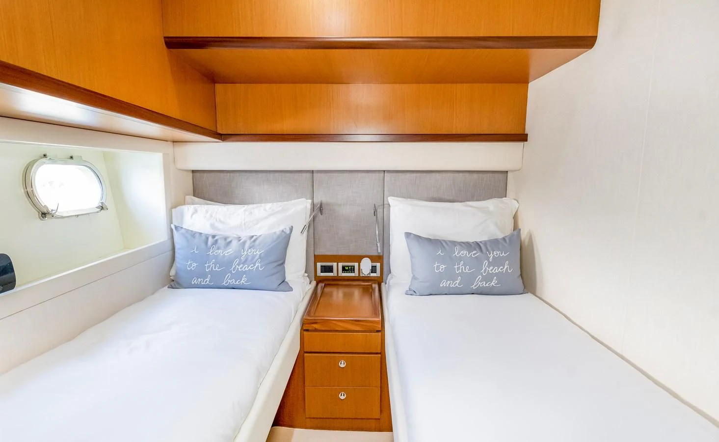 a room with two beds aboard HOPE Yacht for Sale